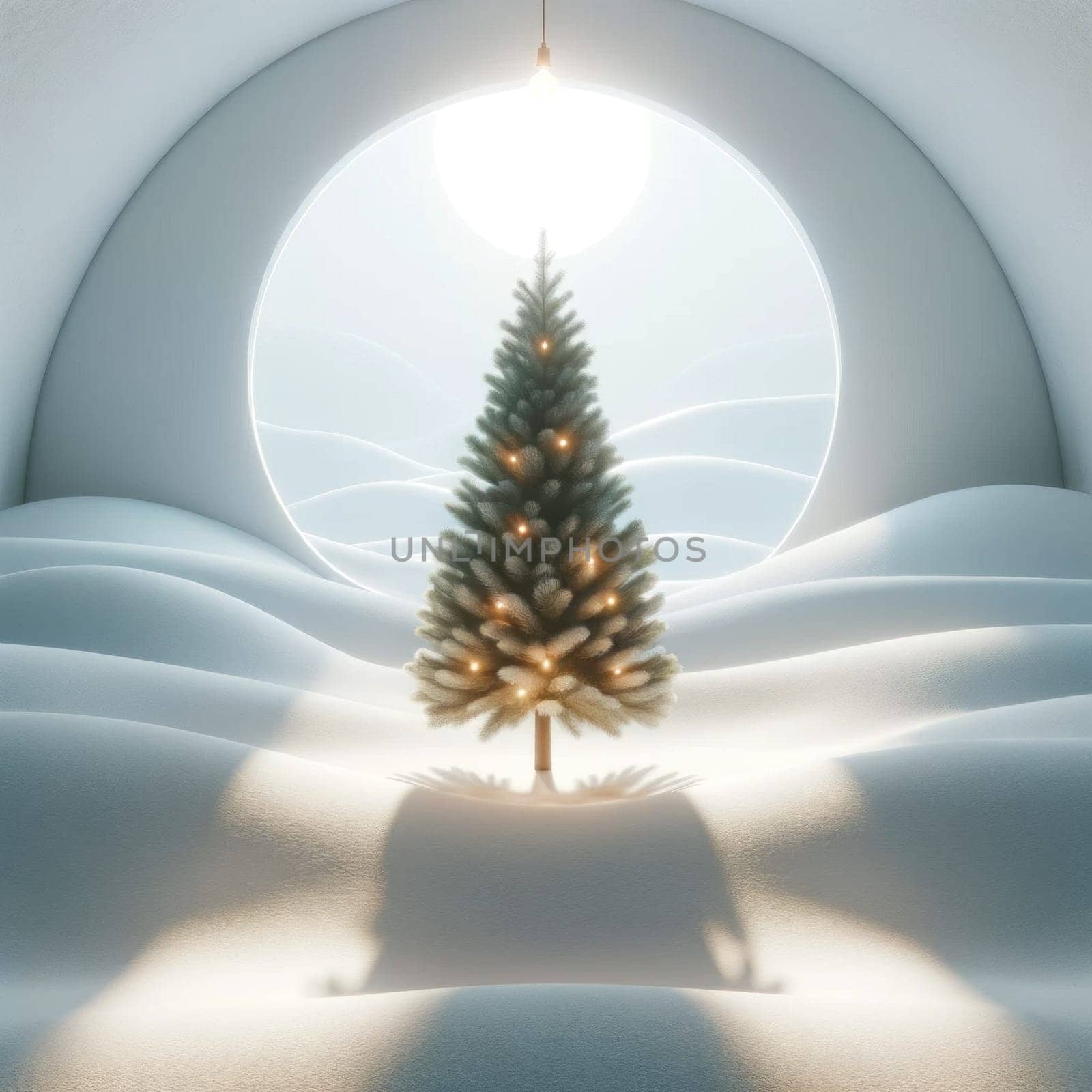 Serene winter wonderland with illuminated tree. AI generated. by ChikaArt