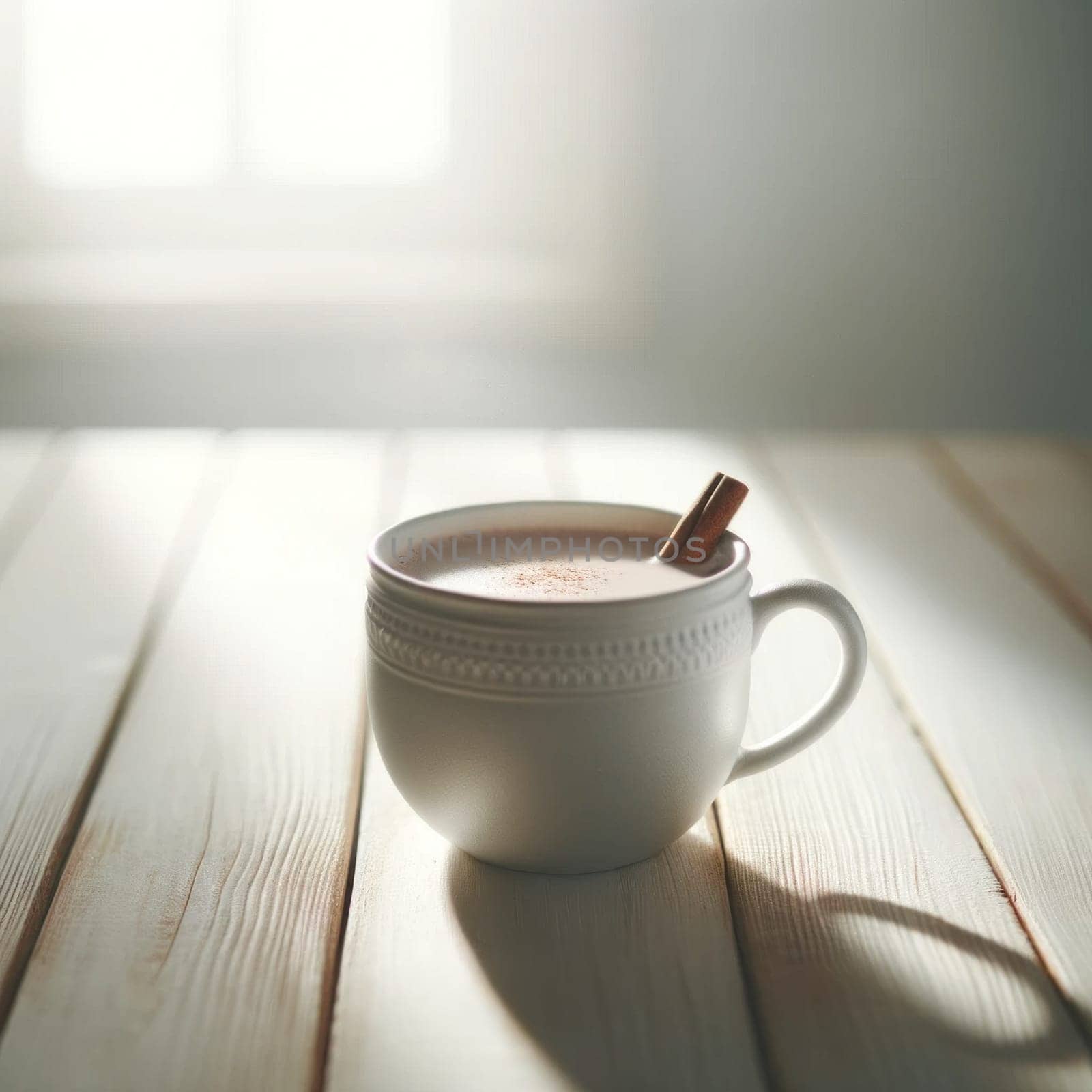 Soft morning light on cinnamon hot chocolate. Created using AI Generated technology and image editing software.