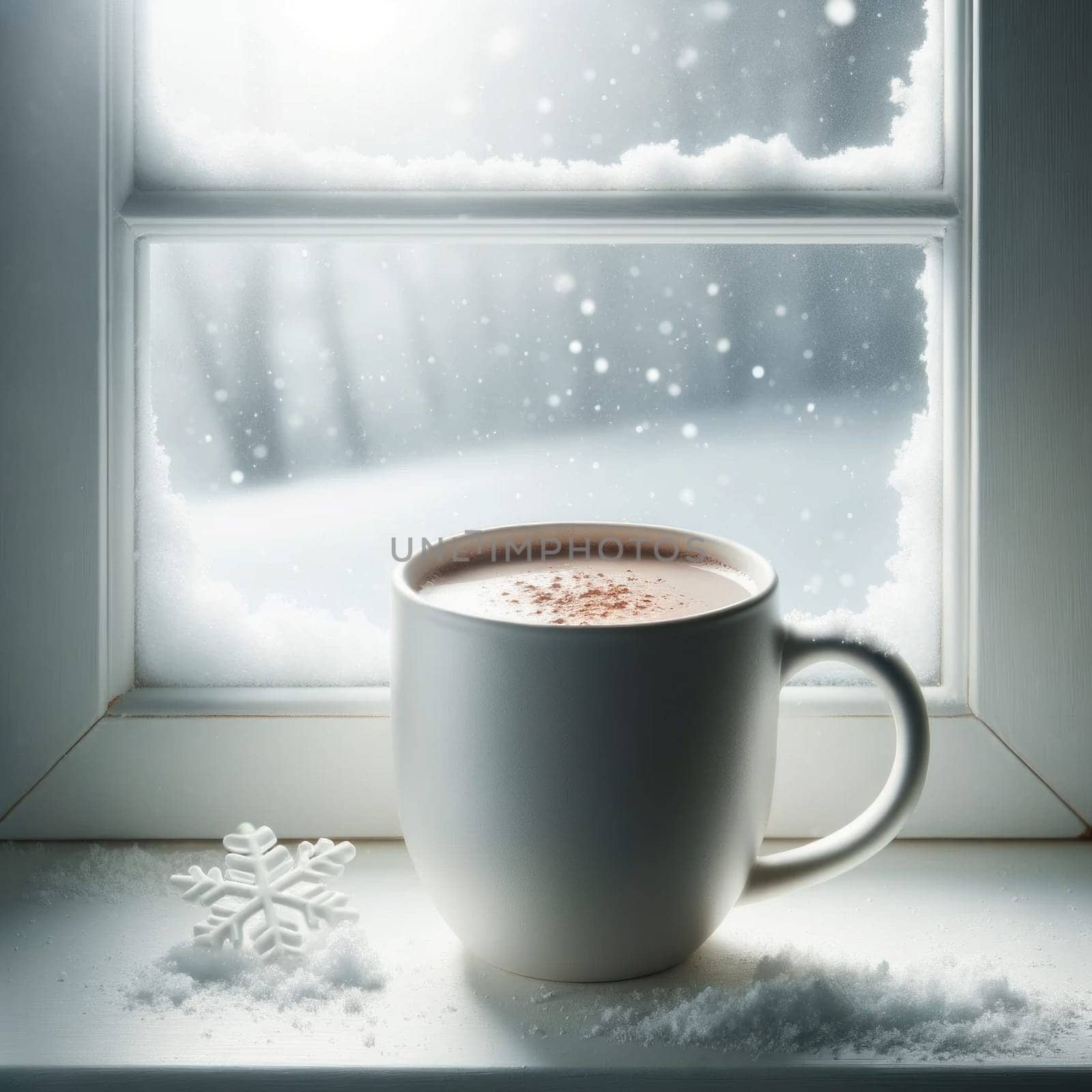 Winter's window with frosty mug. Created using AI Generated technology and image editing software.