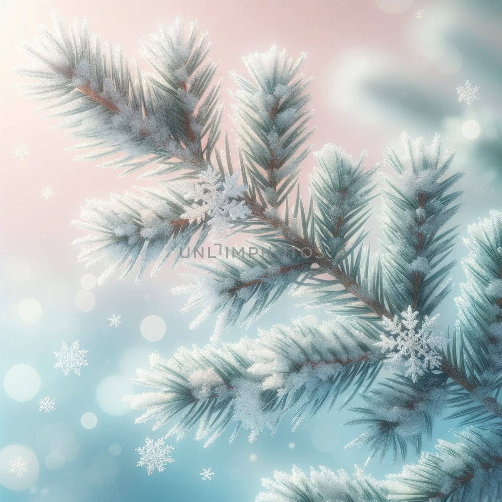 Frosted pine needles on salmon pink sky. Created using AI Generated technology and image editing software.