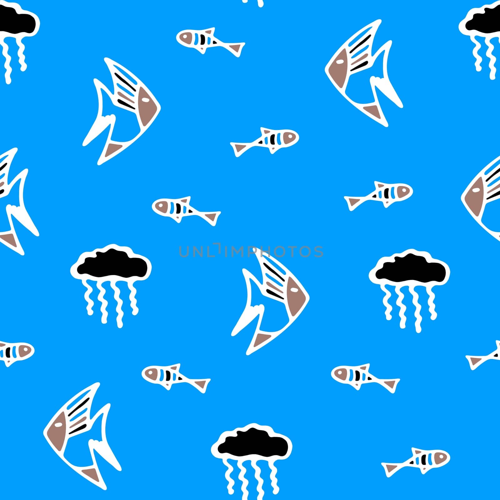 Fish and Jellyfish Seamless Pattern. Background for Kids with Hand drawn Doodle Cute Fish and Jelly Fish. Cartoon Sea Animals illustration. Underwater World Digital Paper on Bkue Background.