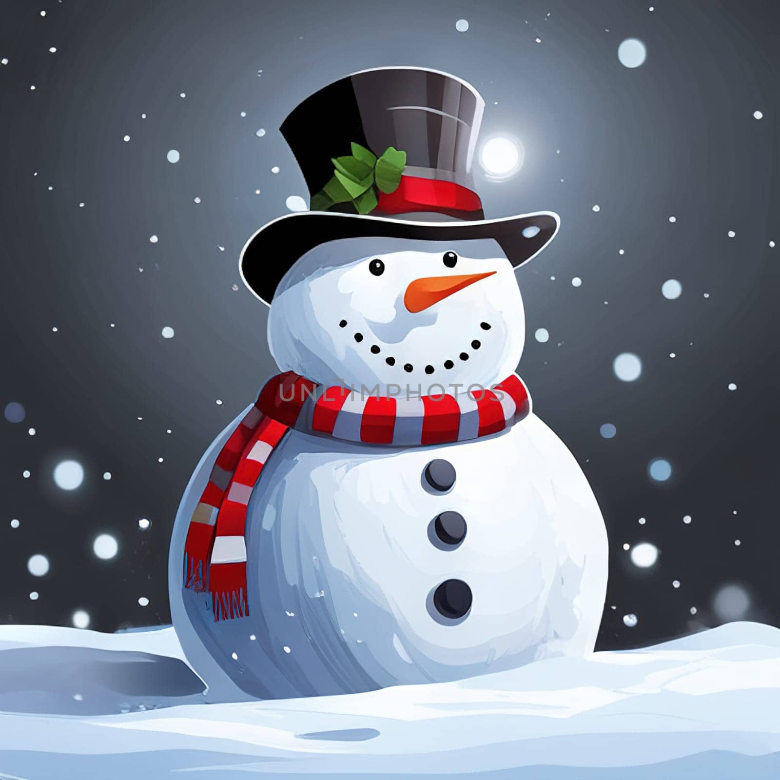 Smiling snowman on winter snowy background, perfect for holiday designs