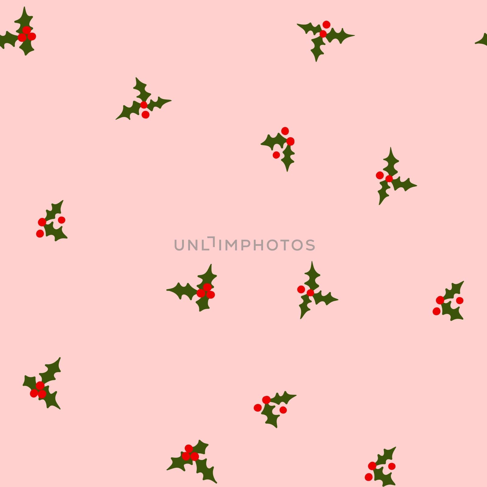 Hand drawn seamless pattern with Christmas winter elements in red green pink, small ditsy traditional retro vintage holly holiday plant design on white background. Bright colorful print for celebration. by Lagmar