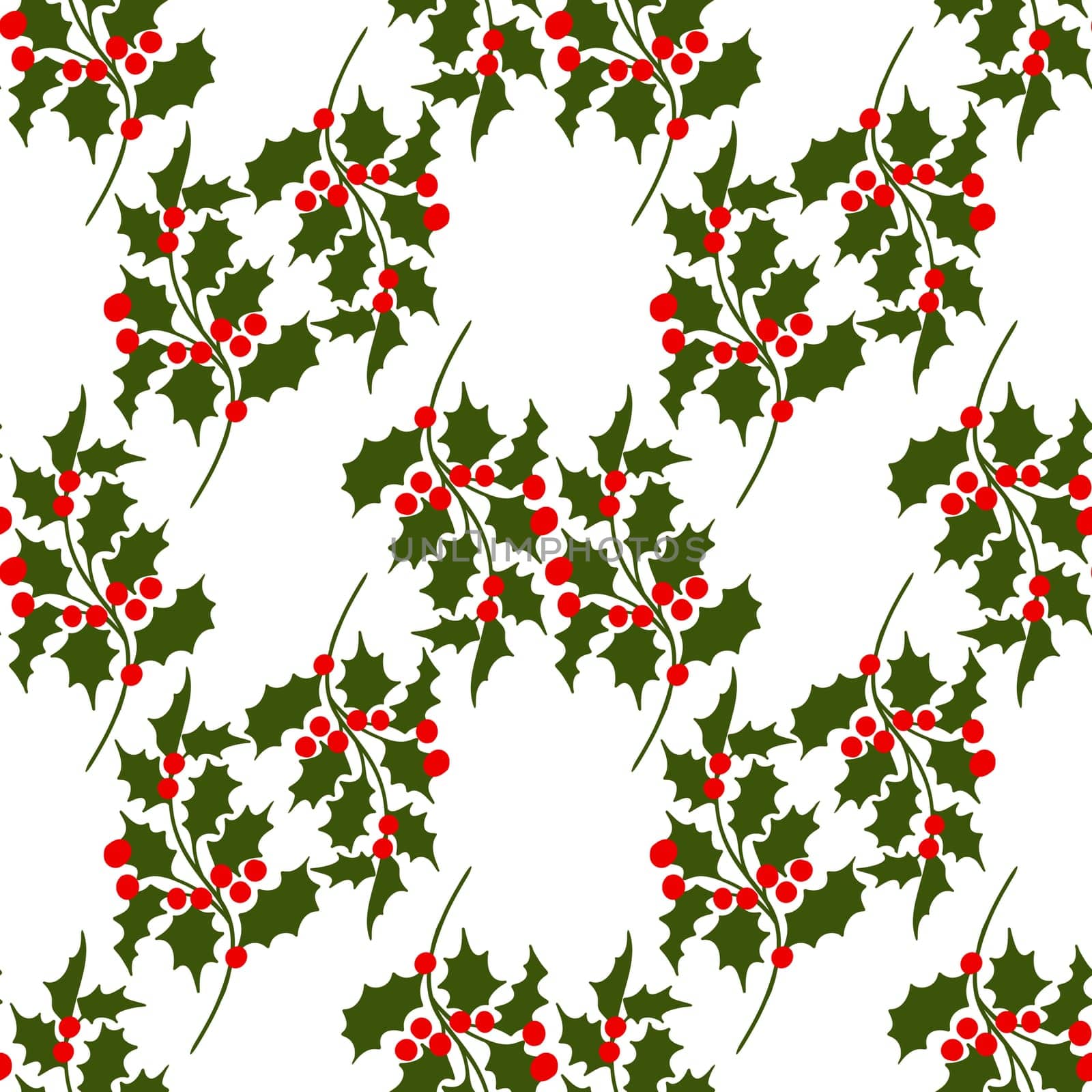 Hand drawn seamless pattern with Christmas winter elements in red green pink, traditional retro vintage holly holiday plant design on white background. Bright colorful print for celebration. by Lagmar