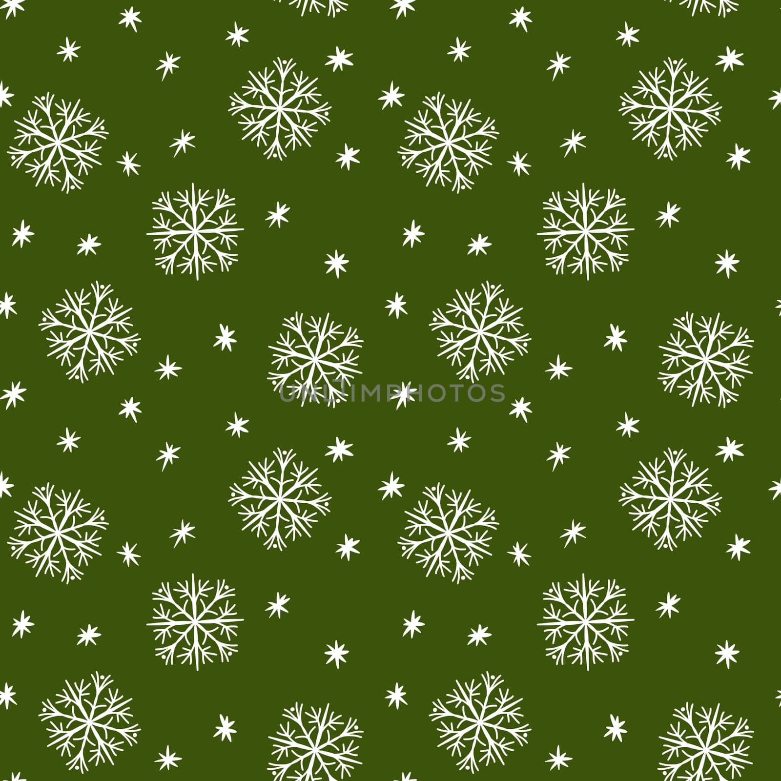 Seamless hand drawn pattern with white christmas snowflake on neutral grass green background. Elegant bohemian minimalist simple winter design in cartoon style, december party decor wrapping new year. by Lagmar