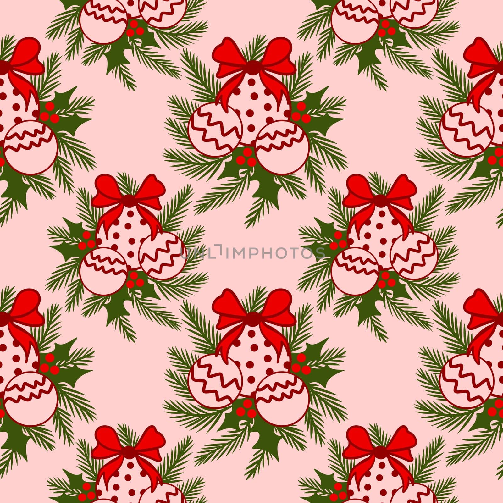 Hand drawn seamless pattern with Christmas winter elements in red green pink, traditional retro vintage holly holiday plant design on blush background. Bright colorful print for celebration decoration ornament. by Lagmar