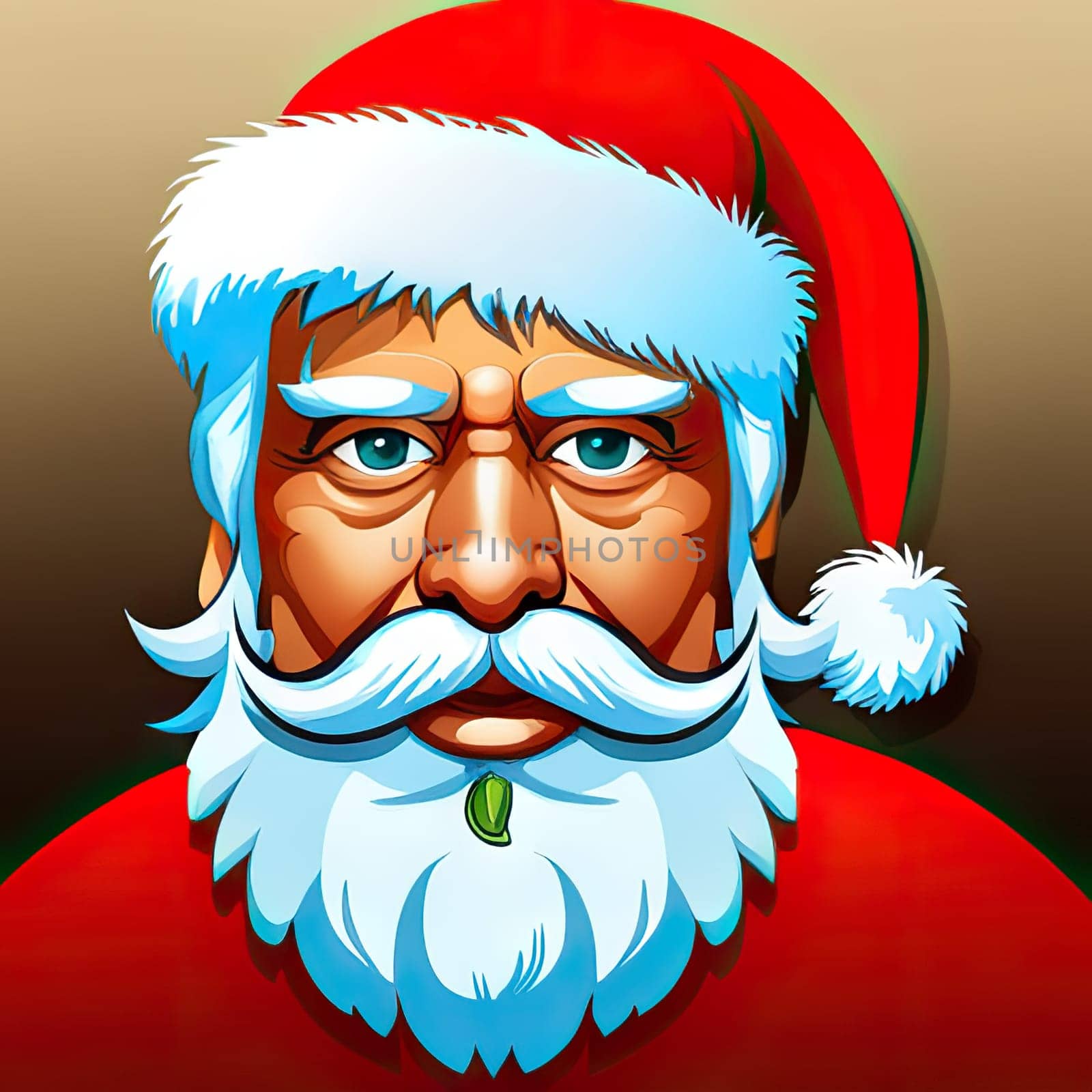 Cartoon Christmas illustration Funny happy Santa Claus character with gift, bag with presents. For Christmas cards, banners, tags and labels.