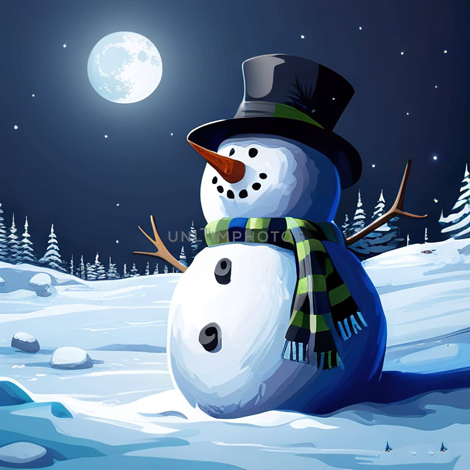 Smiling snowman on winter snowy background, perfect for holiday designs. by EkaterinaPereslavtseva