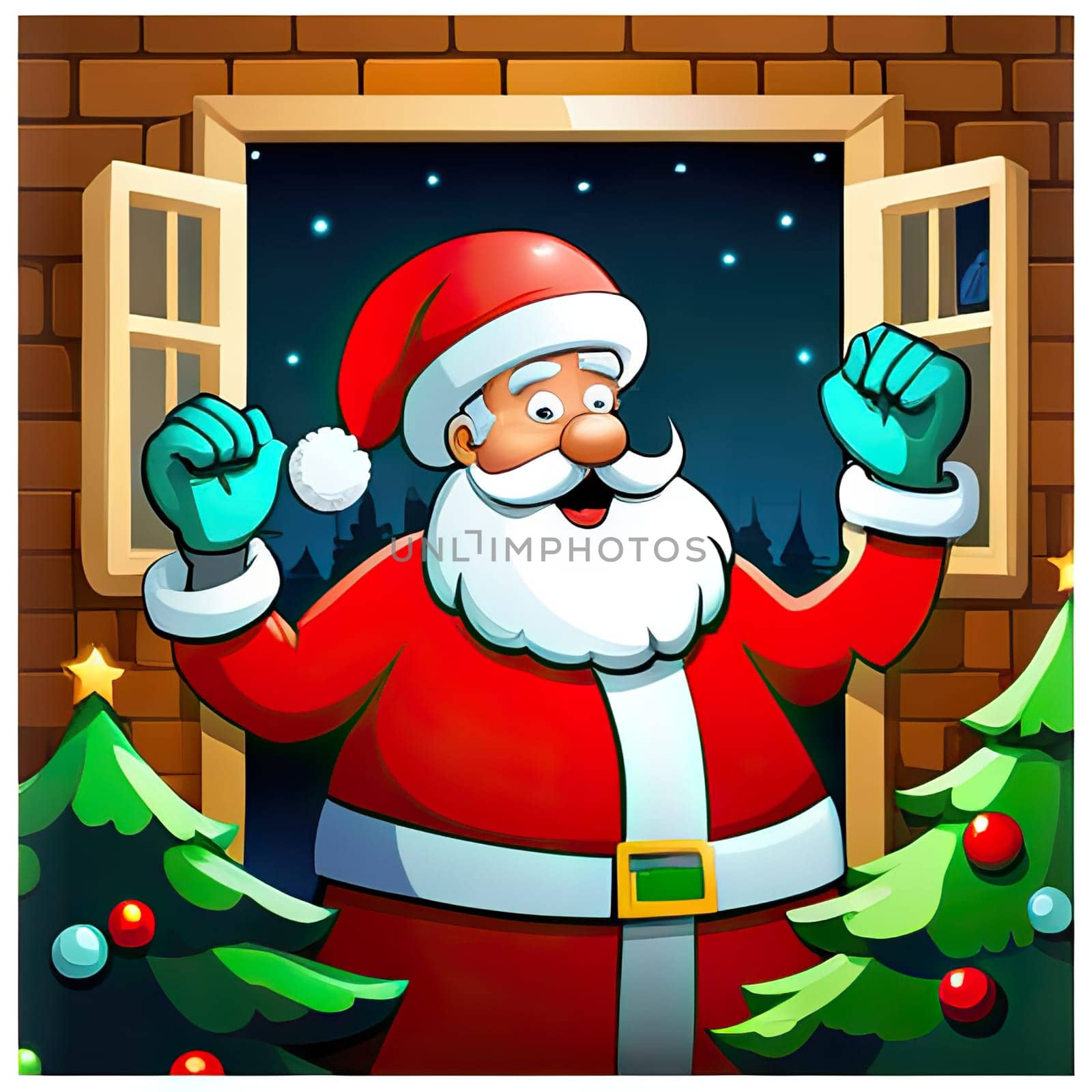 Cartoon Christmas illustration Funny happy Santa Claus character with gift, bag with presents. For Christmas cards, banners, tags and labels.