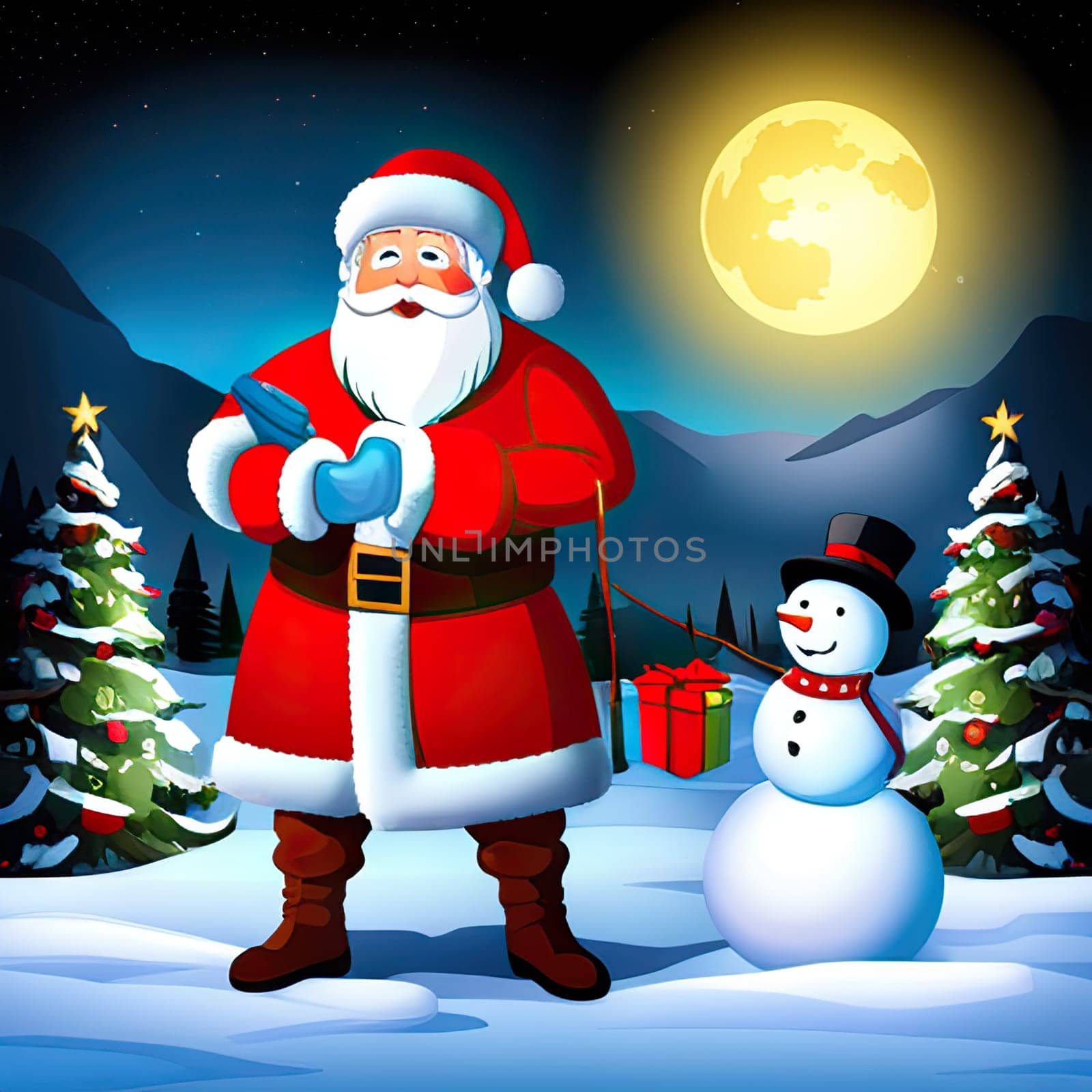 Colorful bright Christmas greeting card. Santa Claus. Merry Christmas and Happy New Year. Seasonal Christmas poster