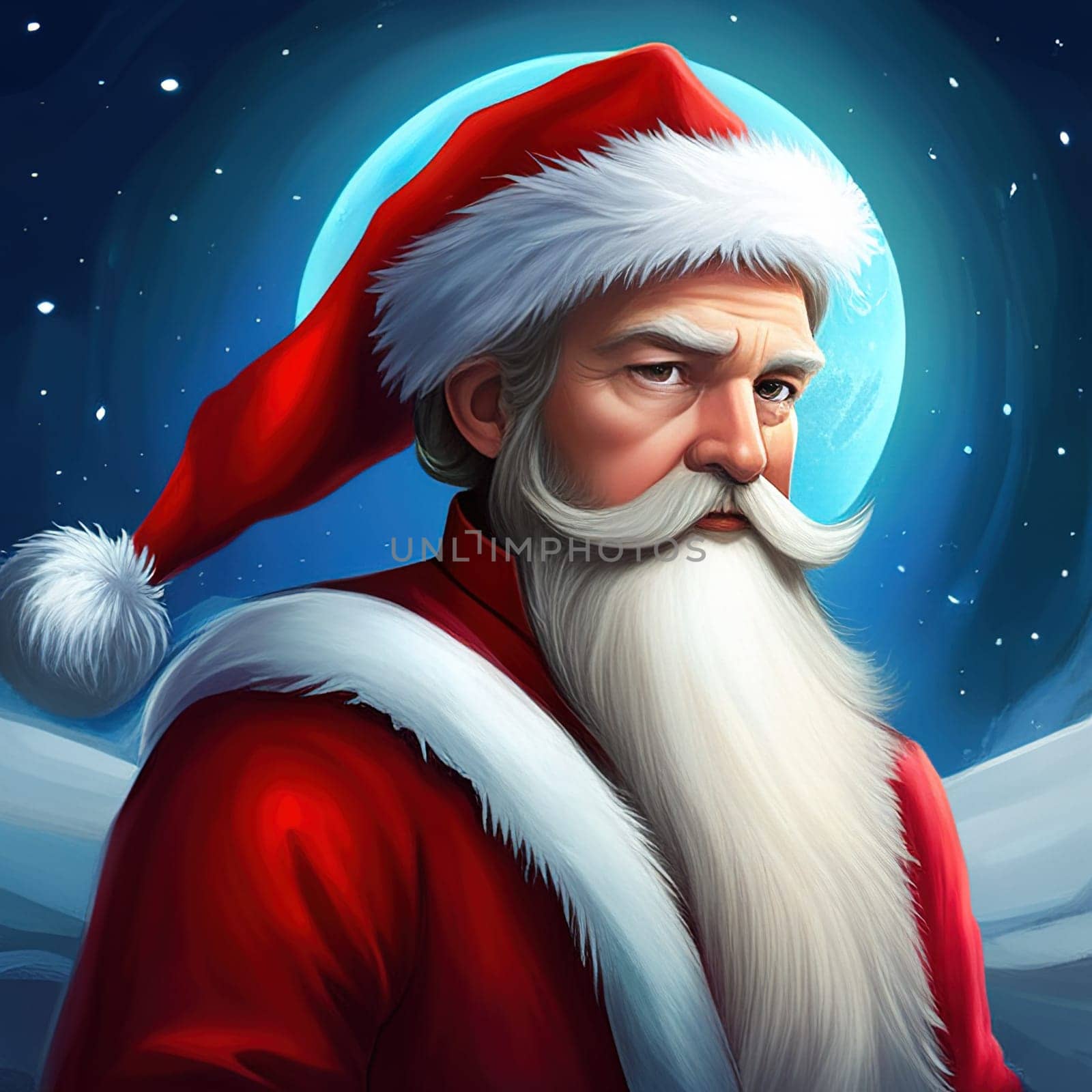 Cartoon Christmas illustration Funny happy Santa Claus character with gift, bag with presents. For Christmas cards, banners, tags and labels.