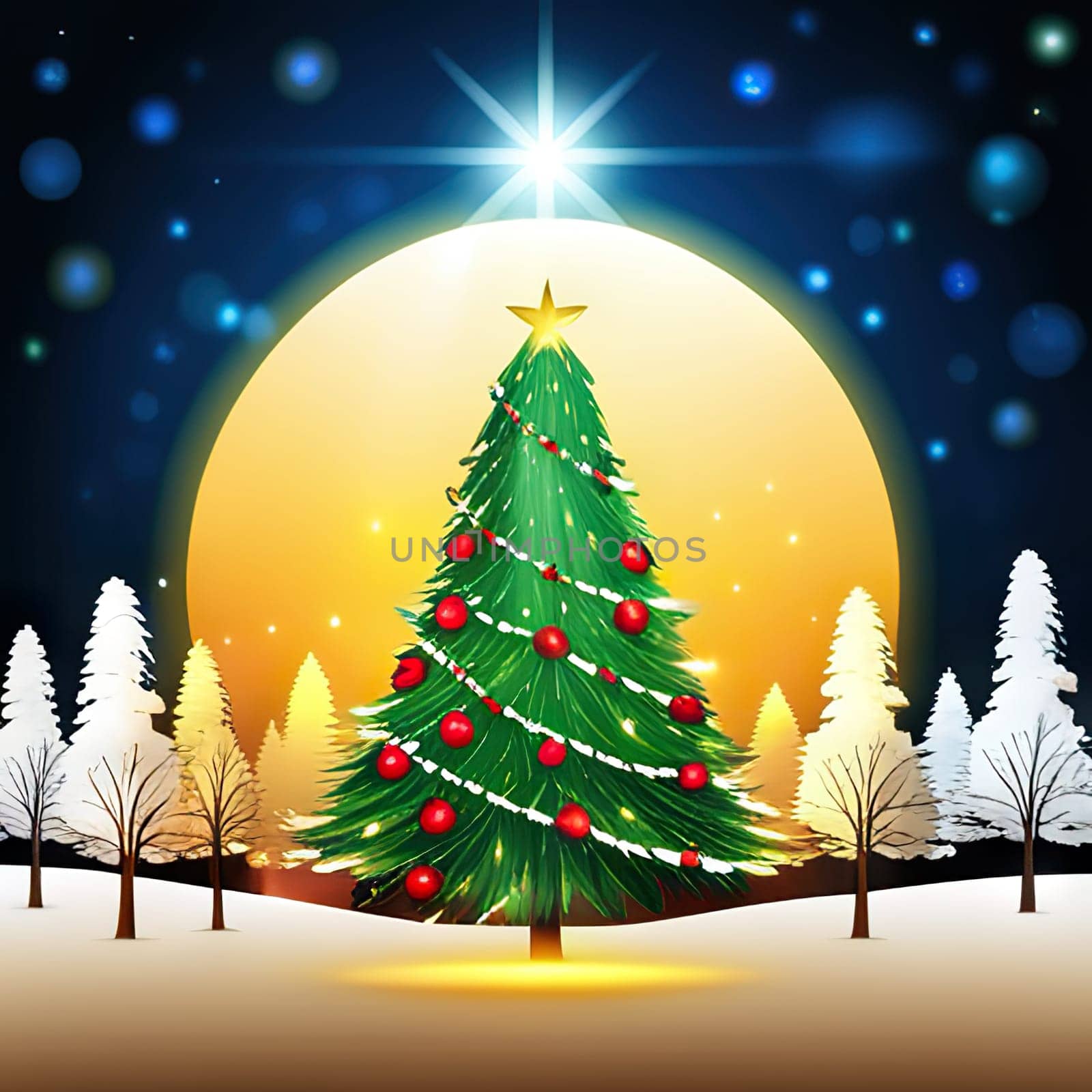 Merry Christmas and Happy New Year greeting card. Christmas landscape with copy space.