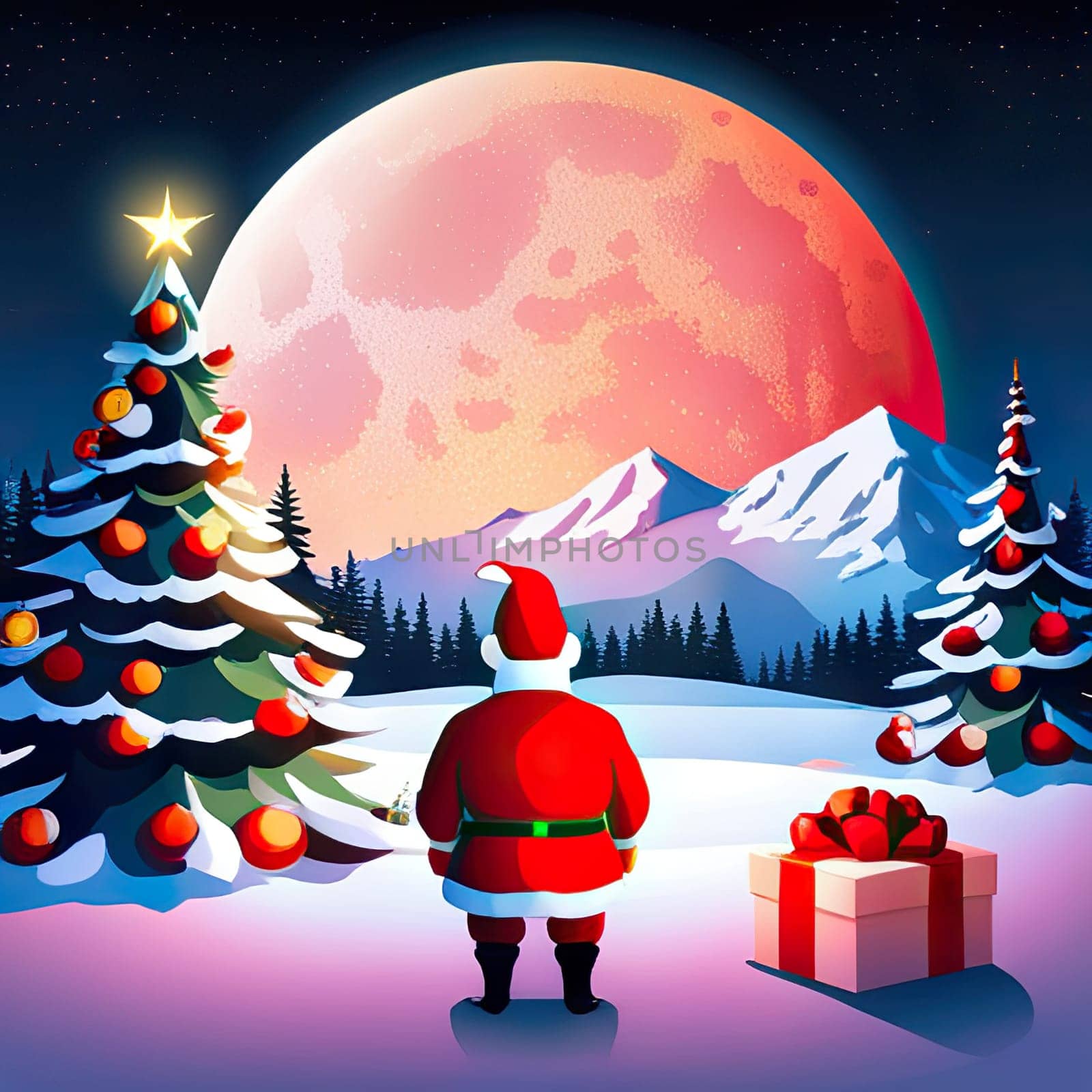 Cartoon Christmas illustration Funny happy Santa Claus character with gift, bag with presents. For Christmas cards, banners, tags and labels.