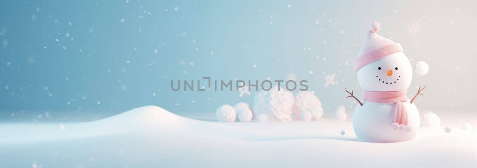 Cute snowman in winter wonderland landscape pastel colored. Christmas Snowman. Festive cute character. Realistic 3d design element In plastic cartoon style. Icon illustration cute Copy space