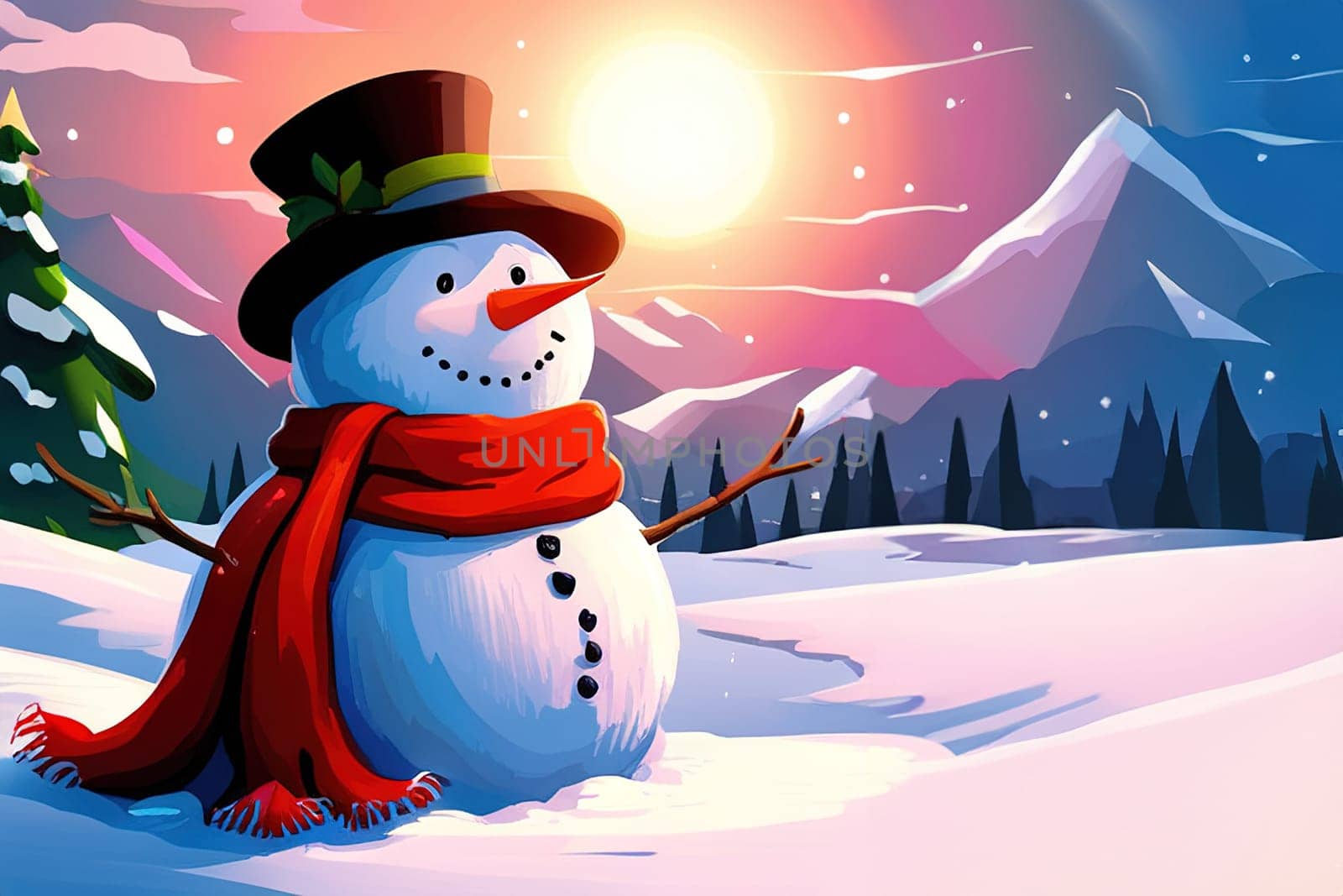 Illustration of Christmas cute snowman in the winter park.