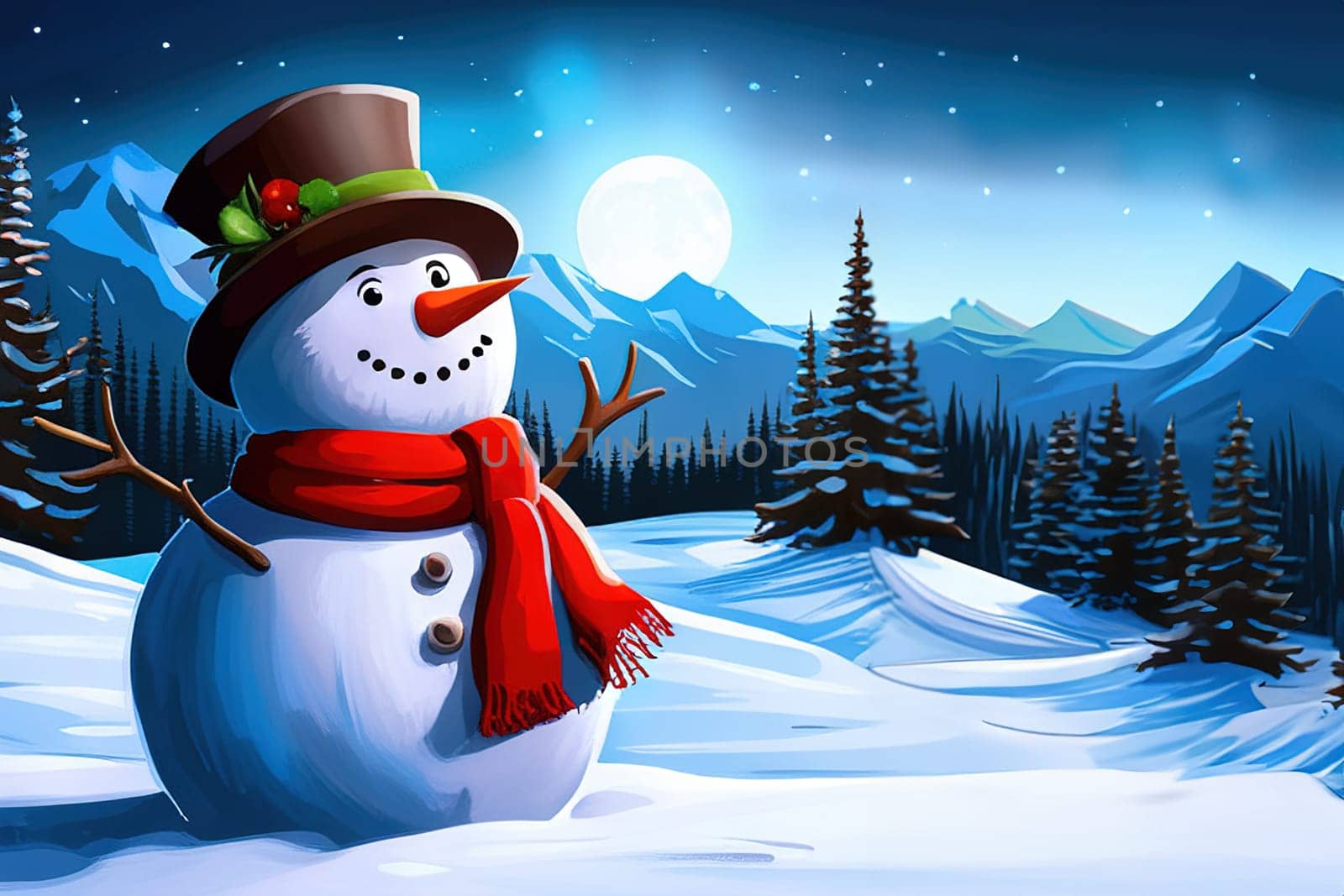 Smiling snowman on winter snowy background, perfect for holiday designs. by EkaterinaPereslavtseva