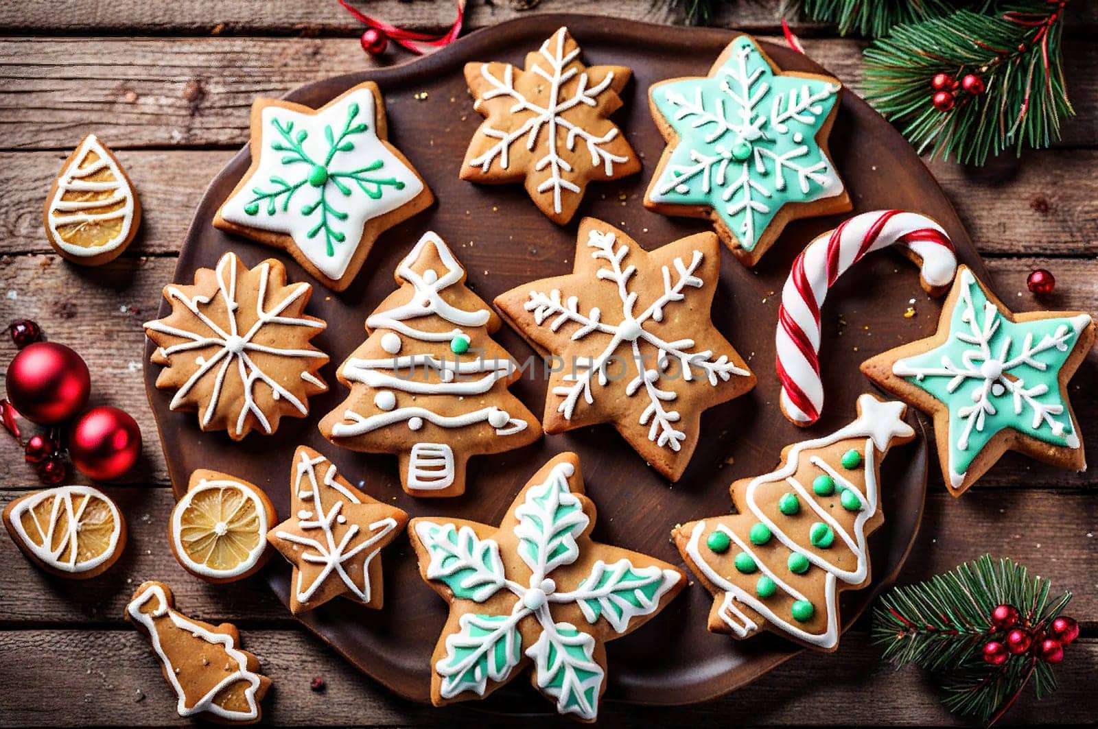 Directly above shot of decorated gingerbread cookies with spices on table. Homemade Christmas cookies