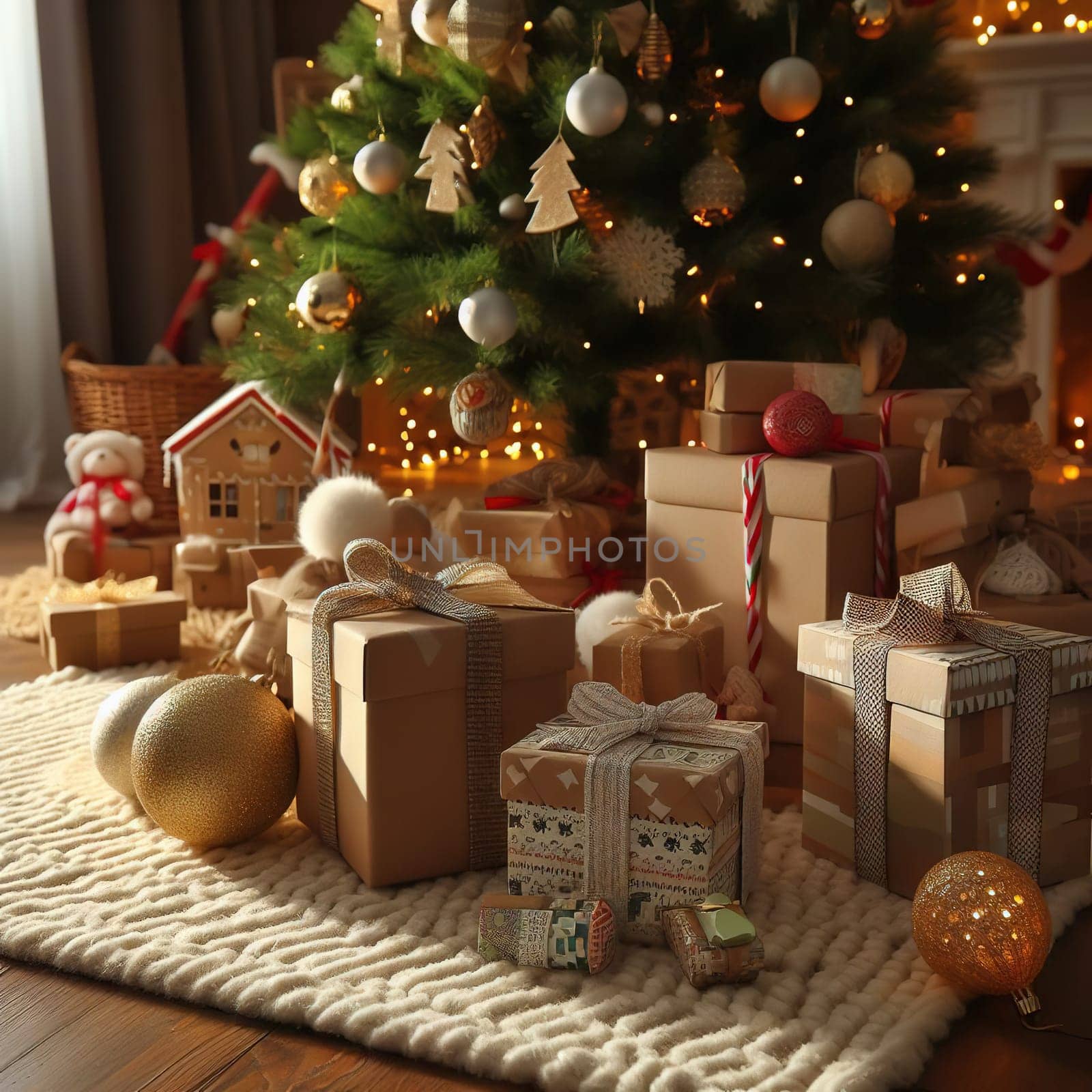Beautiful luxurious Christmas gifts on floor in room with Christmas tree, closeup