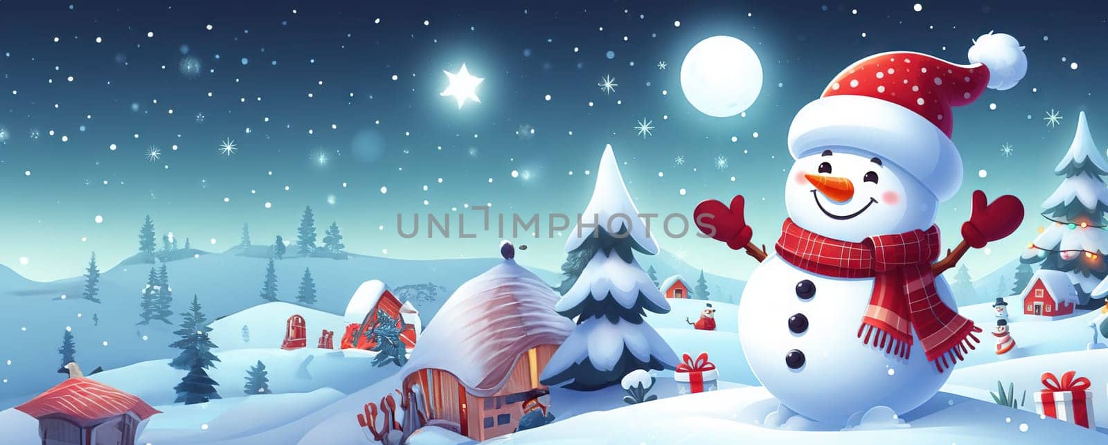 Cute snowman and snow forested landscape. Winter decoration and background.