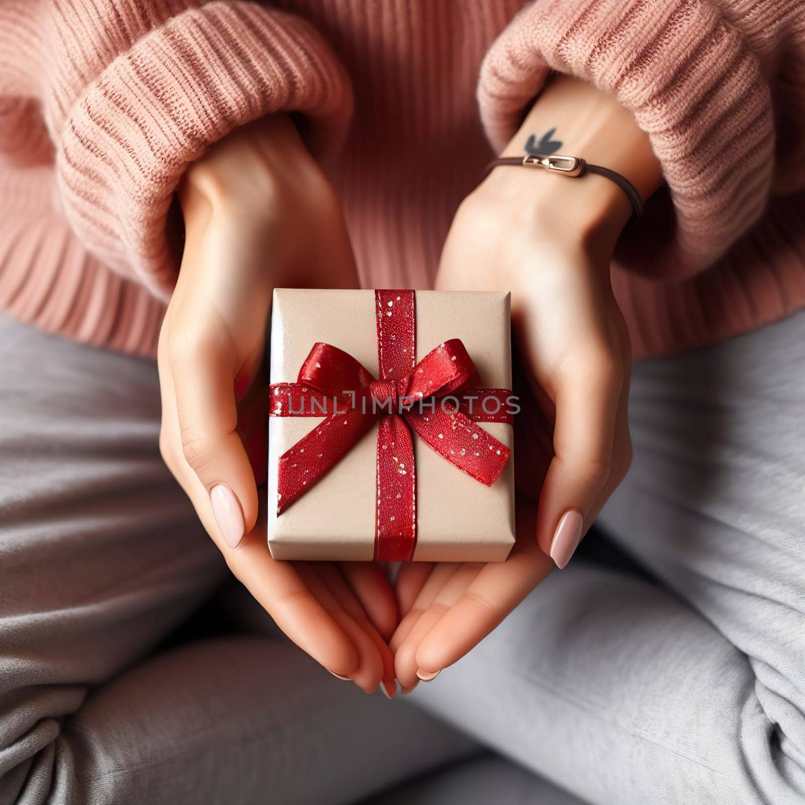 Top view of woman hands holding gift box wrapped and decorated with ribbon. by EkaterinaPereslavtseva