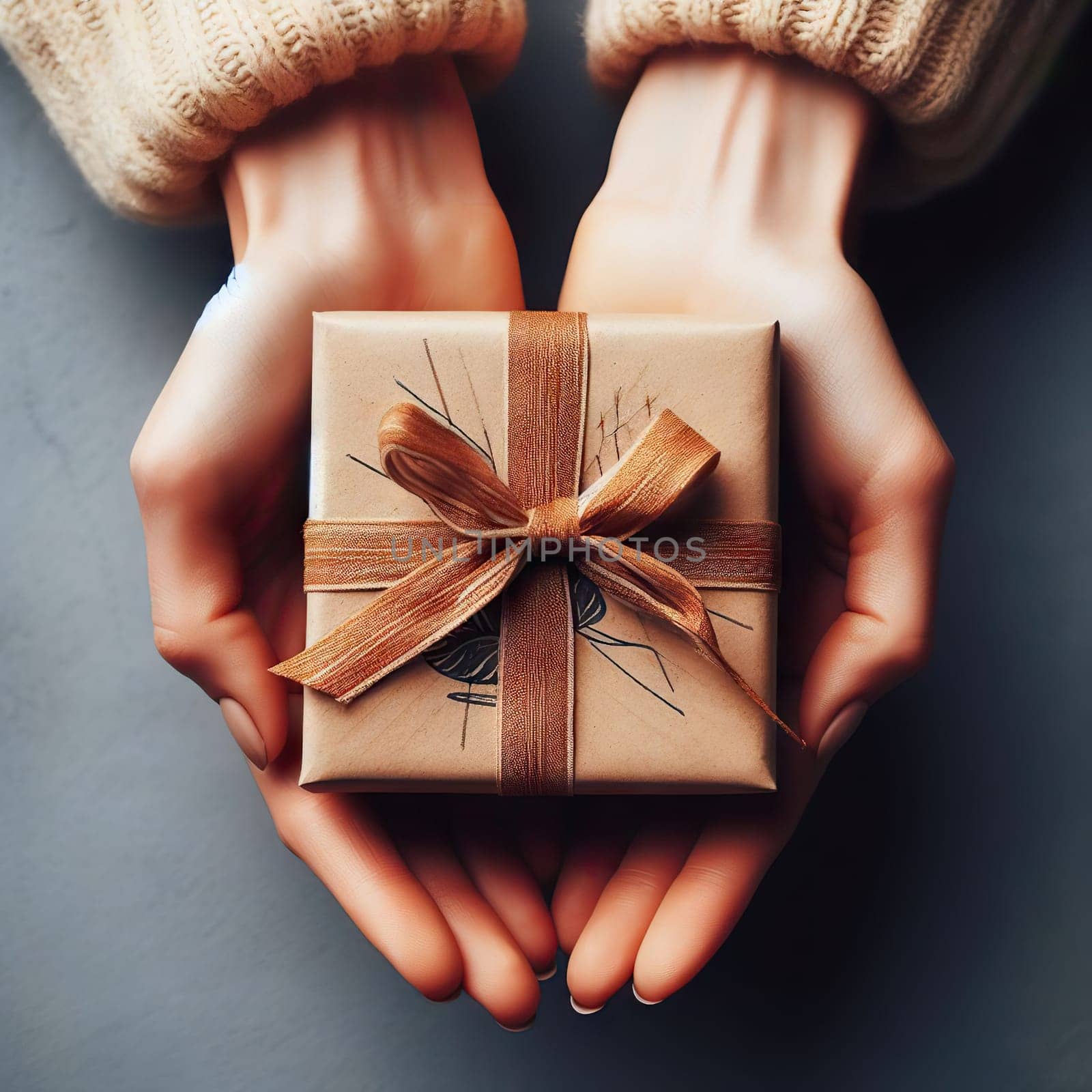 Top view of woman hands holding gift box wrapped and decorated with ribbon. by EkaterinaPereslavtseva