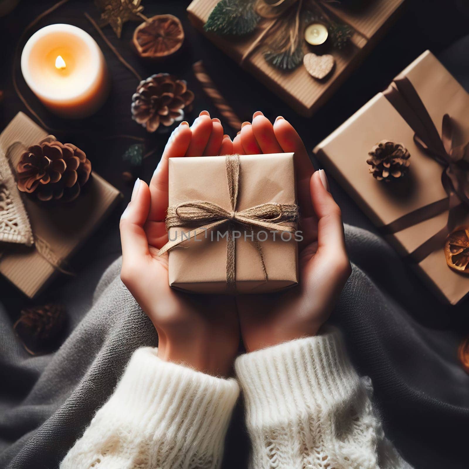 Woman Wrapping Christmas Gifts, Top view of woman hands holding gift box wrapped and decorated with ribbon