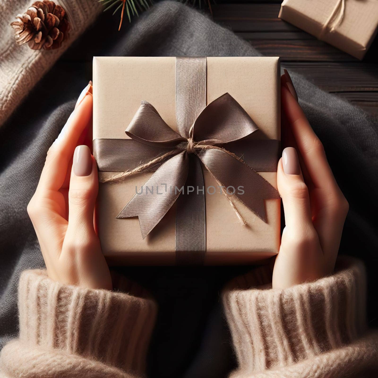 Woman wrapping Christmas gifts, top view woman's hands holding a gift box wrapped and decorated with ribbon