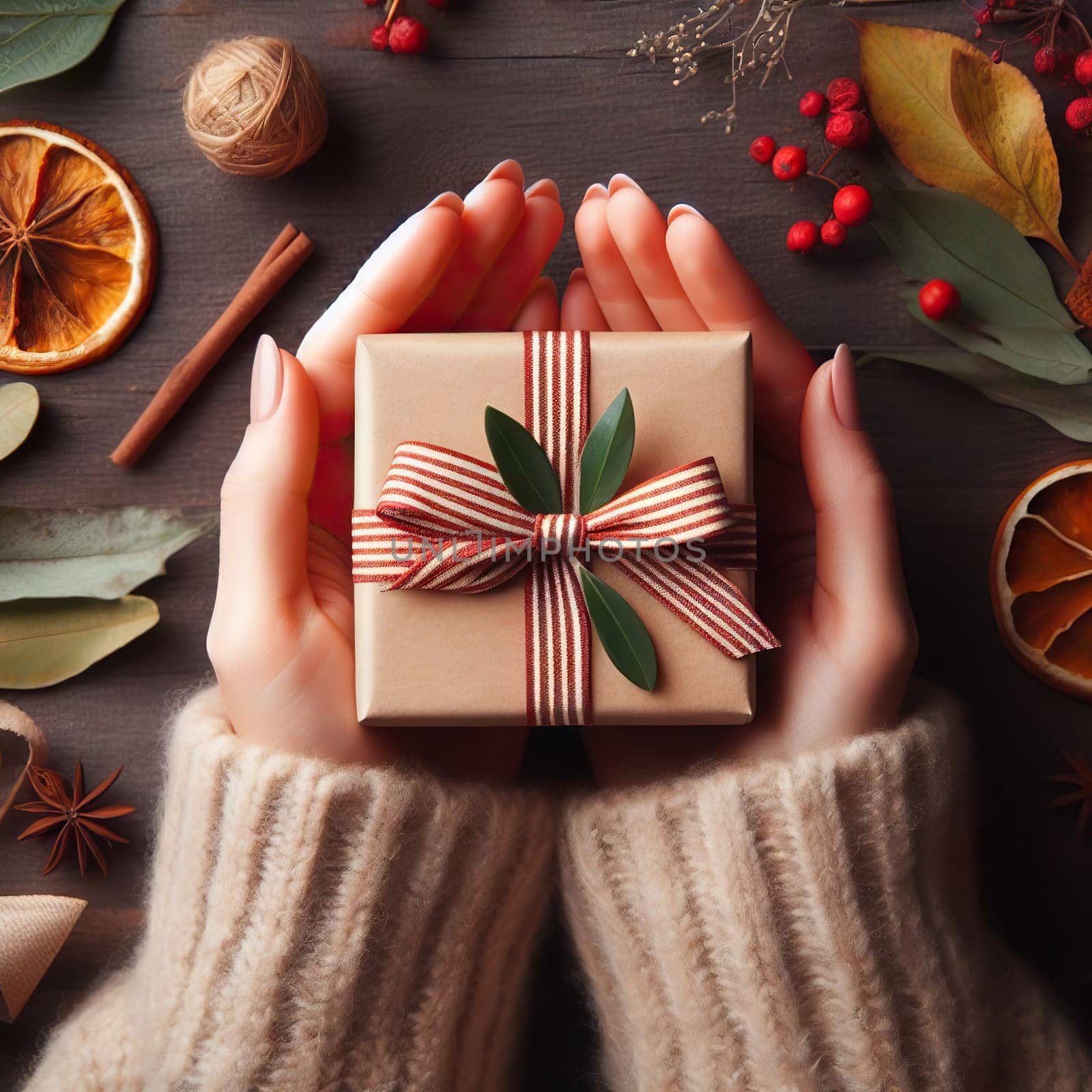 Woman Wrapping Christmas Gifts, Top view of woman hands holding gift box wrapped and decorated with ribbon