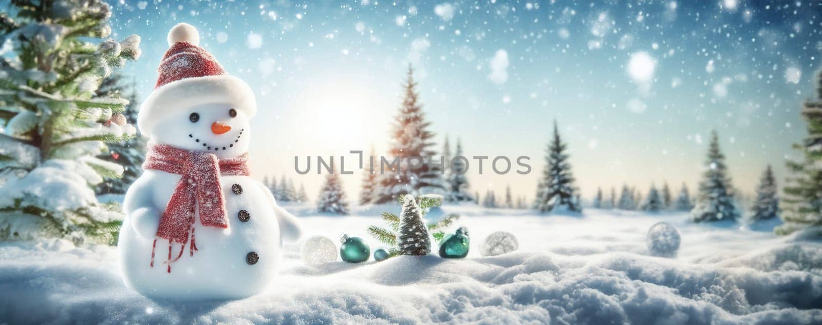 Cute snowman and snow forested landscape. Winter decoration and background by EkaterinaPereslavtseva