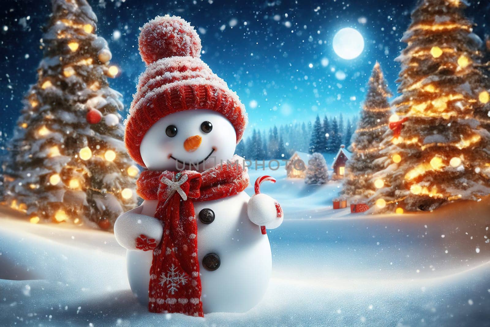 Cute snowman and snow forested landscape. Winter decoration and background.