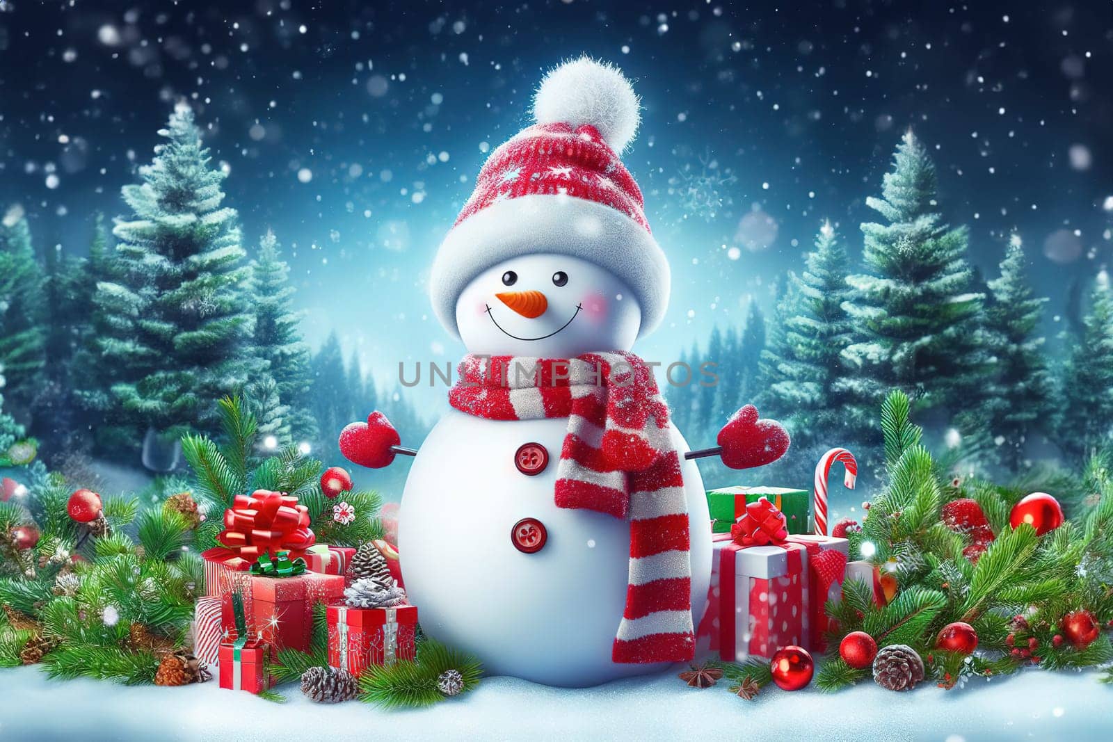 Cute snowman and snow forested landscape. Winter decoration and background.