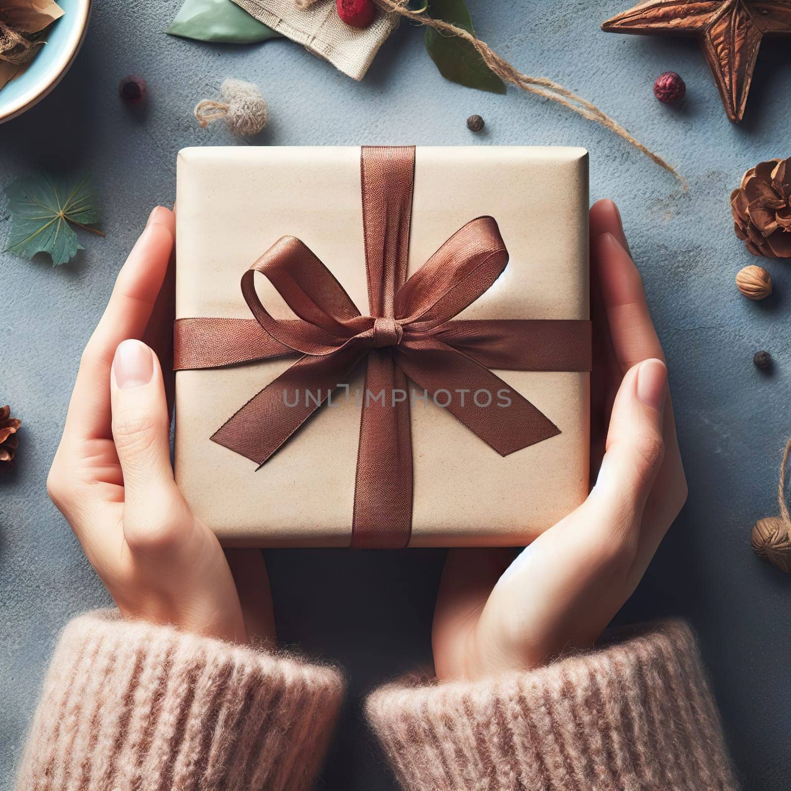 Woman wrapping Christmas gifts, top view woman's hands holding a gift box wrapped and decorated with ribbon