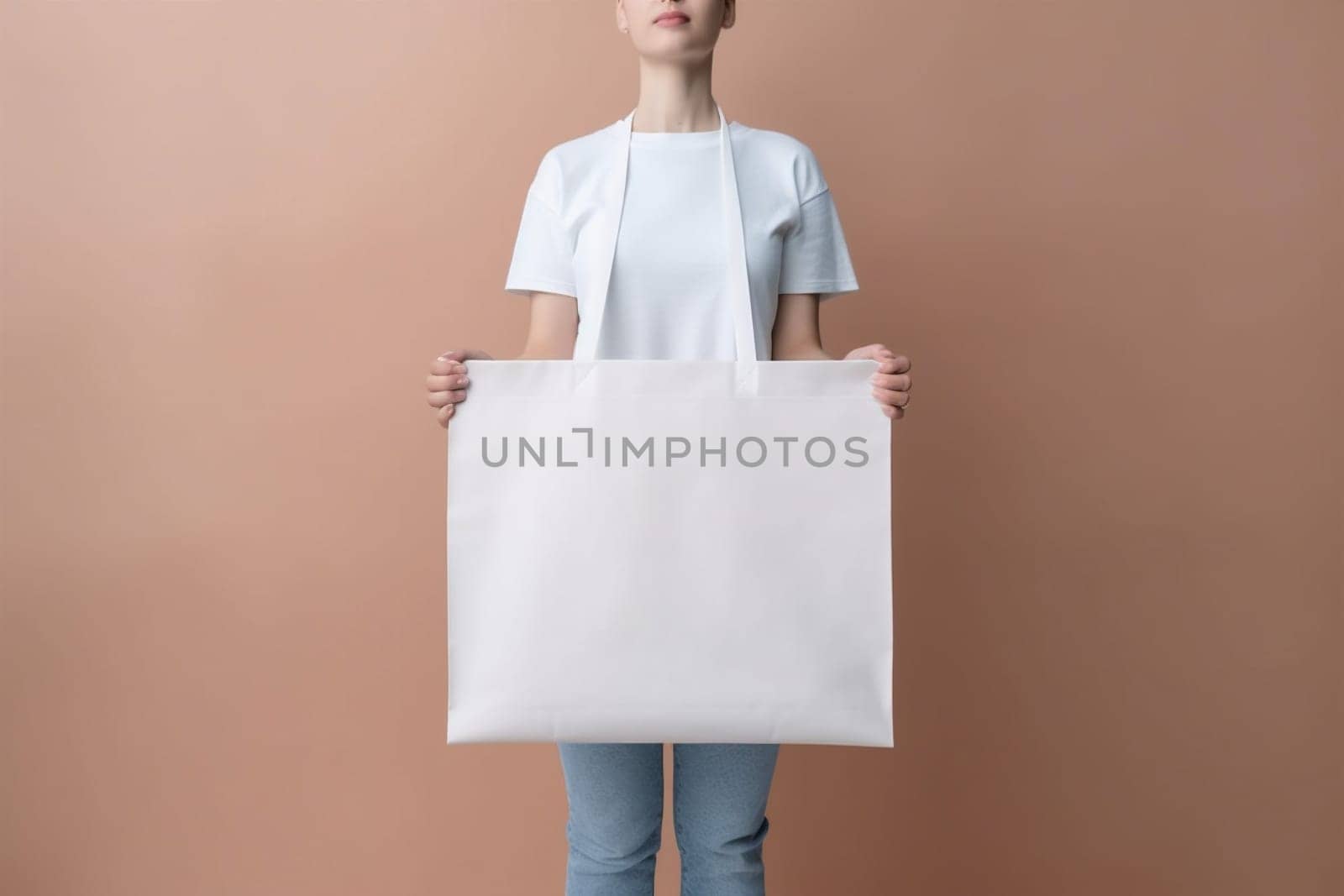woman fashion mock-up store buy layout purchase ecology grocery accessory cotton white bag shop client template empty pack environment shopping market. Generative AI.