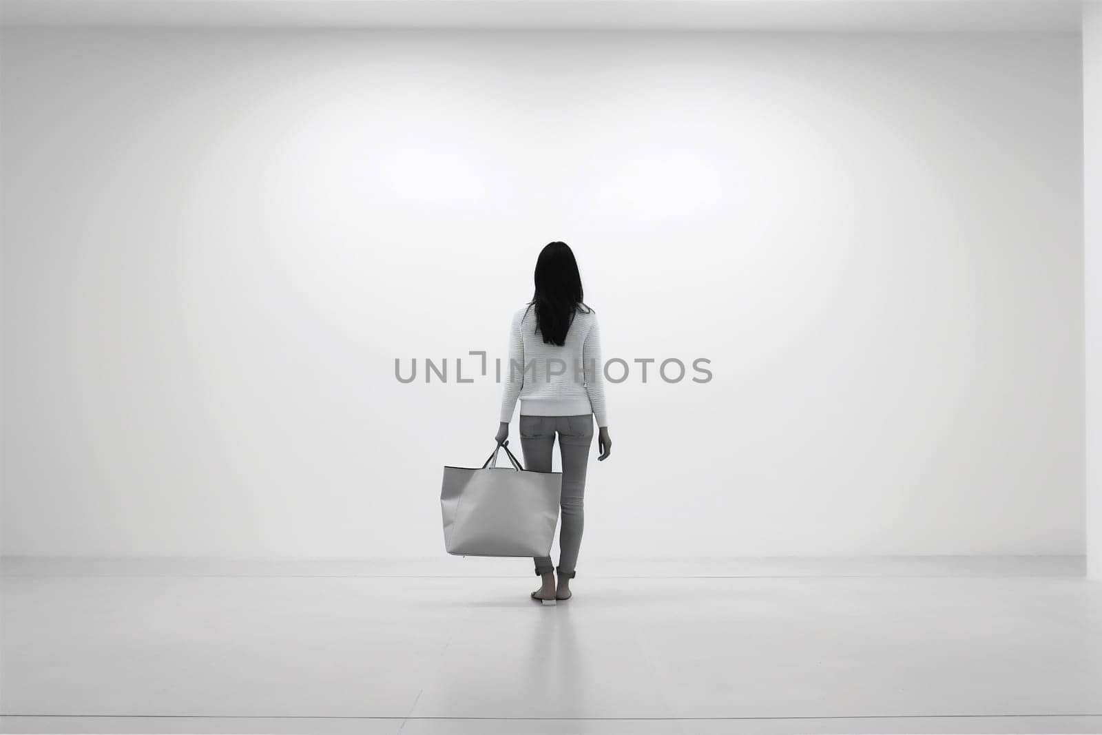 woman cardboard white shopper blank shopping purchase pack buy empty template market background box client store fashion concept recycling bag ecology layout. Generative AI.