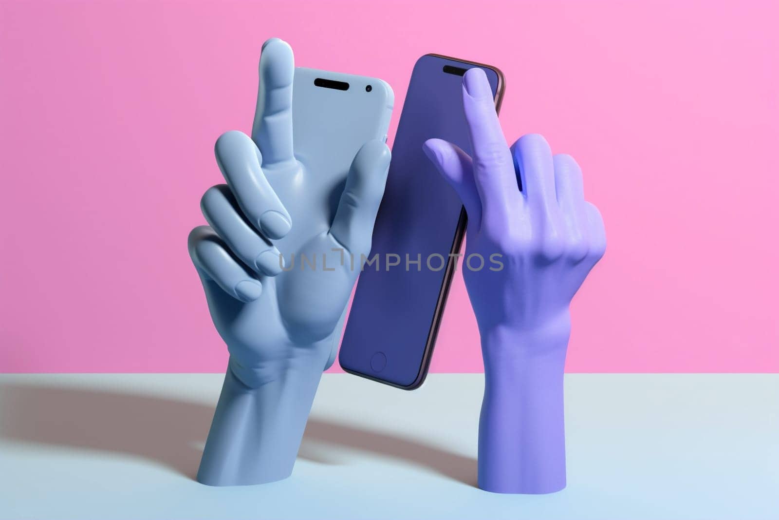screen phone modern art online background purple hand communication design collage. Generative AI. by Vichizh