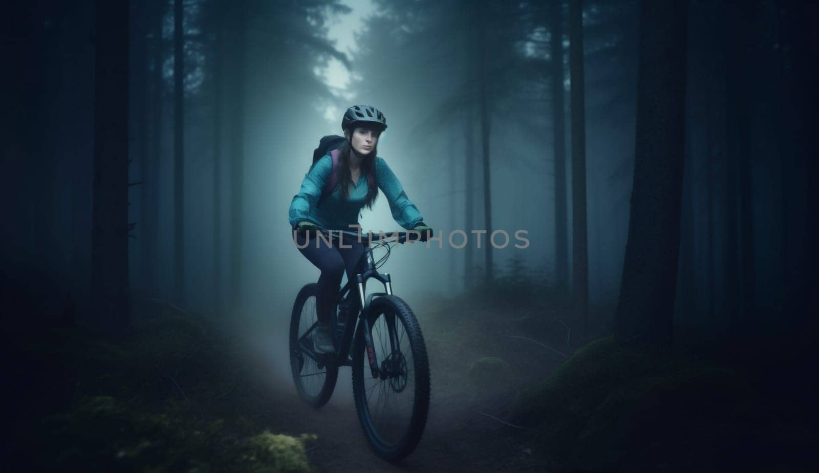 woman hiking bicyclist walking bicycle biker activity exercise forest bike sunset leisure biking cycle adventure recreation dark healthy cycling summer sport. Generative AI.