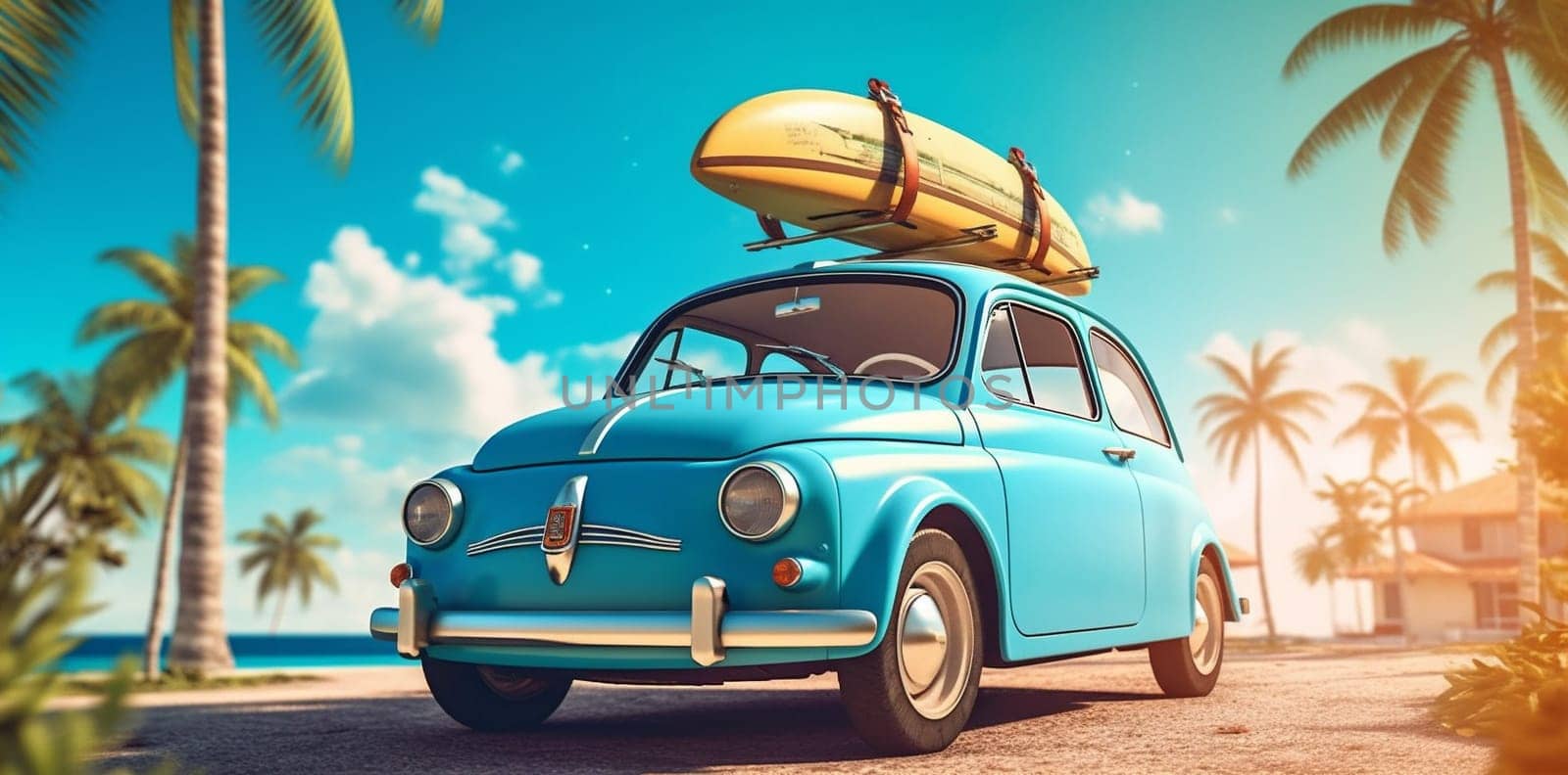 road journey surfing vintage blue retro car travel summer trip creative palm art happy concept sunlight beach tropical nature vacation. Generative AI.