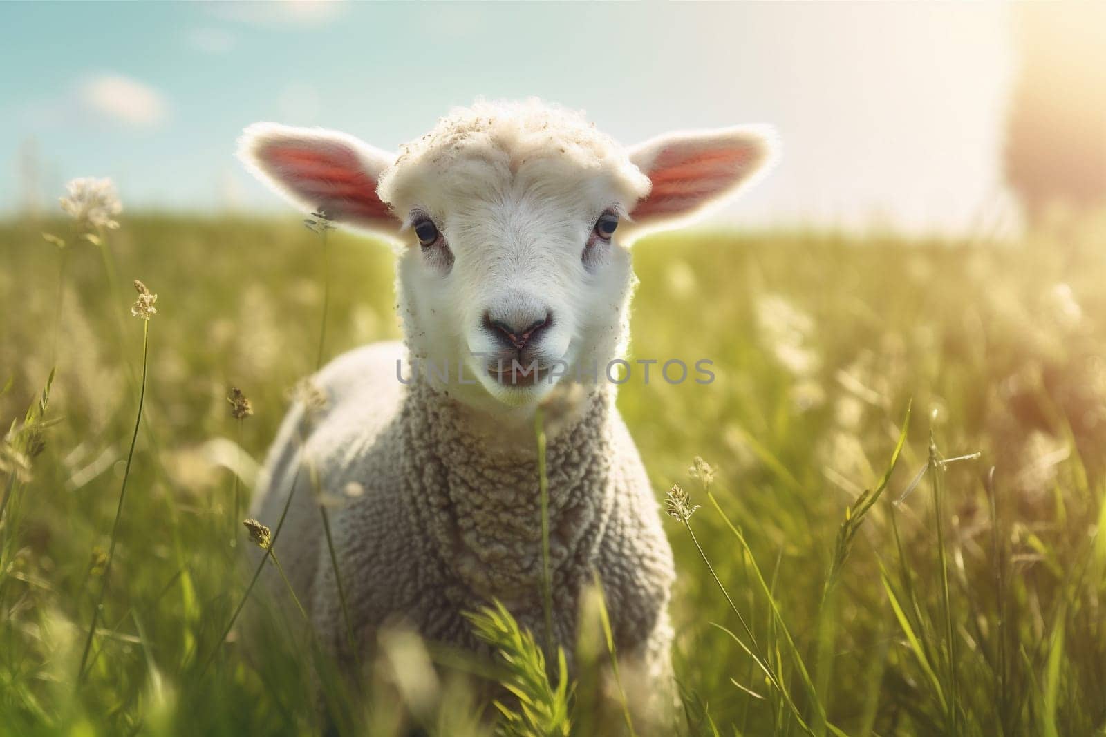 animal sun lamb field farm wool meadow grass green sheep. Generative AI. by Vichizh