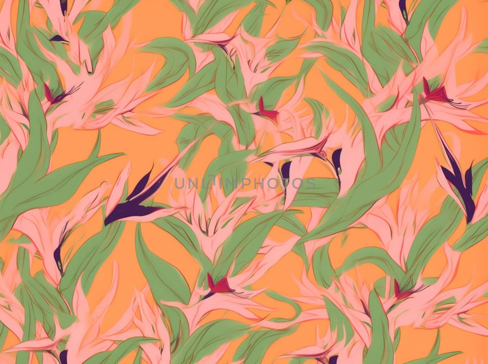 trendy tropical pattern flower seamless orange pink jungle leaf colorful. Generative AI. by Vichizh