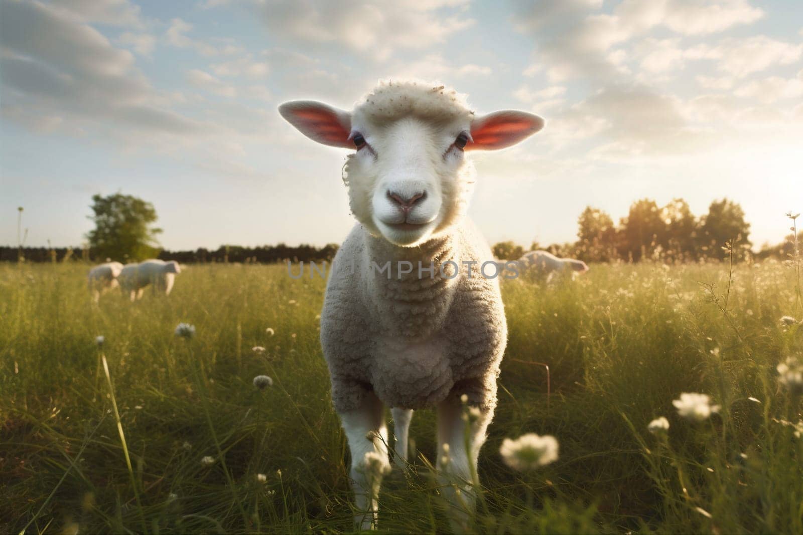 landscape countryside wool farm grass background nature rural animal green farming young lamb sheep field springtime sun meadow day yellow. Generative AI.