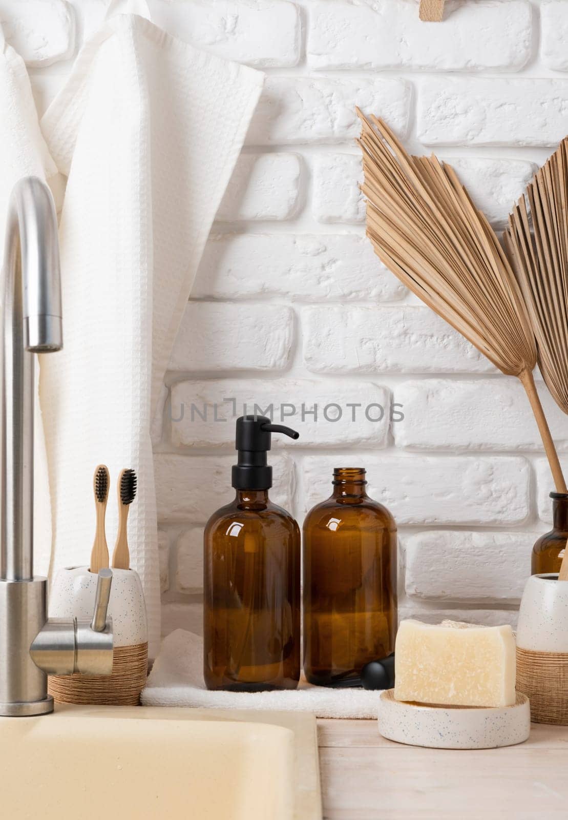 Recycled plastic pump bottle for mock-up. Minimalism brand packaging mockup design on white brick wall background