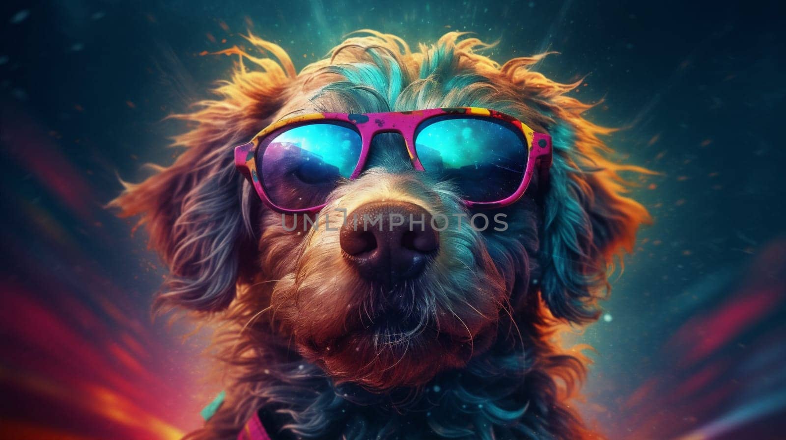 dog funny puppy vacation beach summer ocean wave surfer animal. Generative AI. by Vichizh