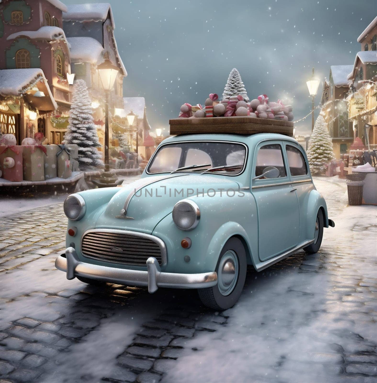 snow candy winter christmas merry holiday retro car gift festive. Generative AI. by Vichizh