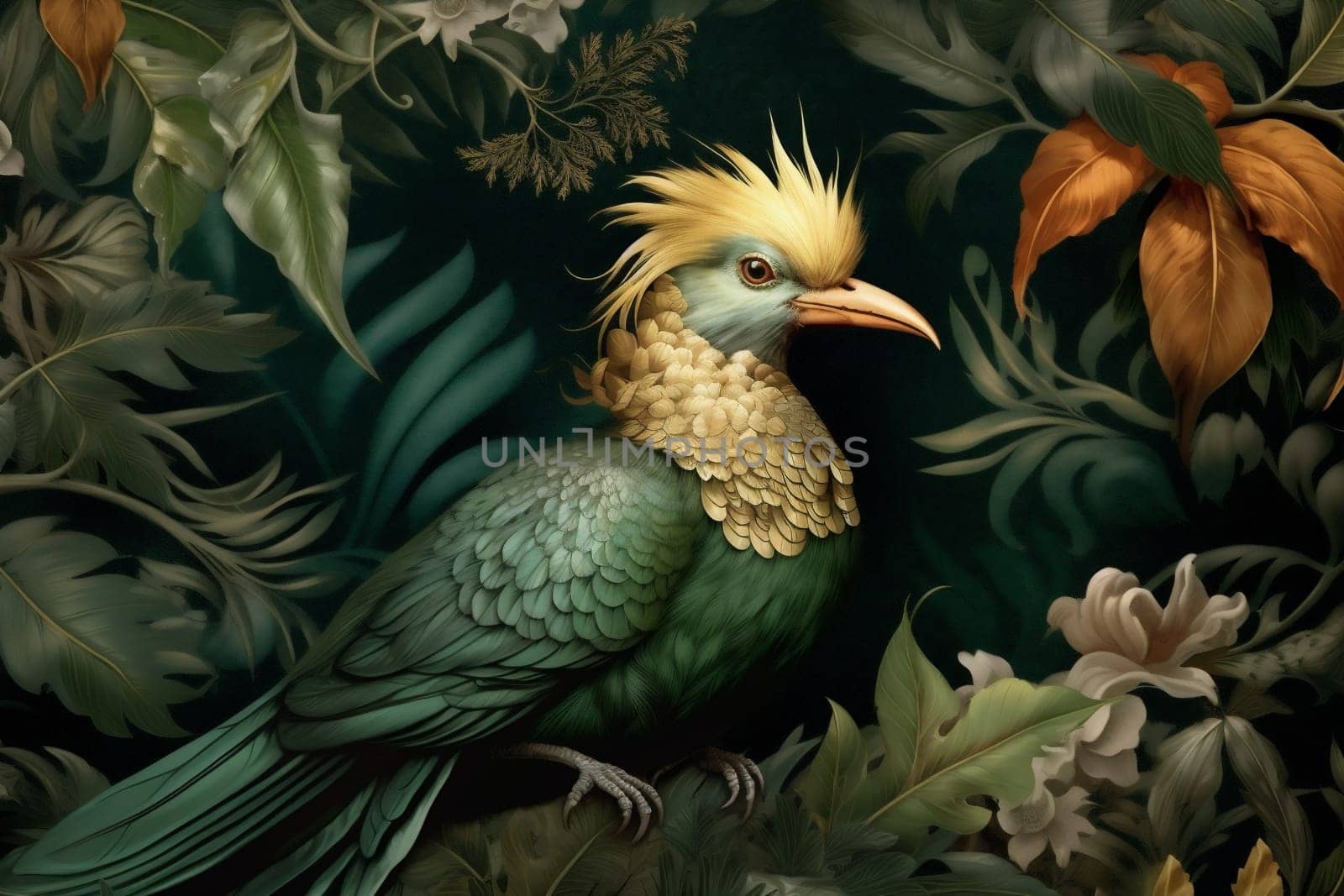 exotic art tropical palm wallpaper flower jungle leaf bird nature. Generative AI. by Vichizh