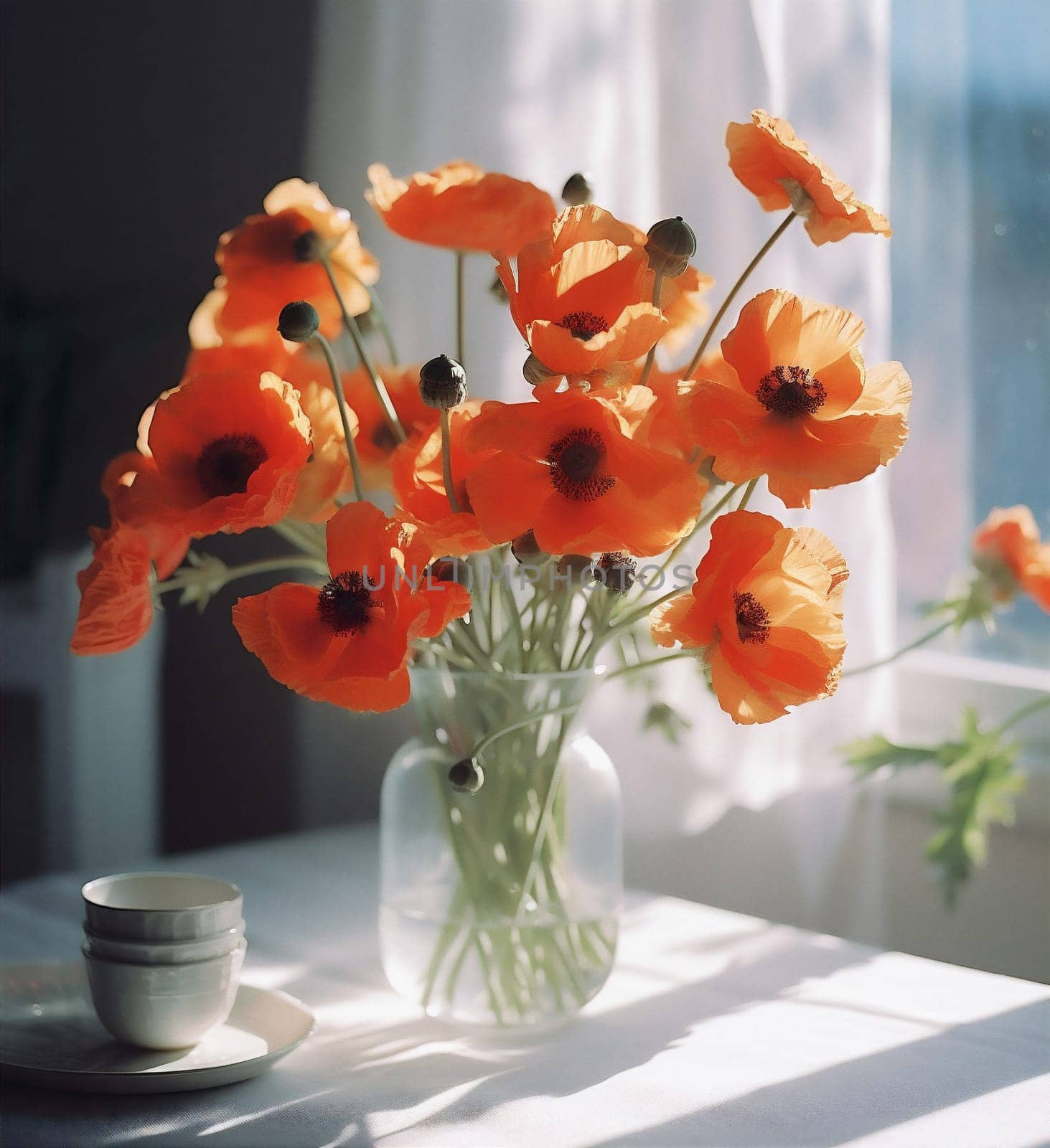 decoration poppy space background retro flower blossom bouquet bunch beautiful vase floral color red sunshine white decor natural home interior table. Generative AI.