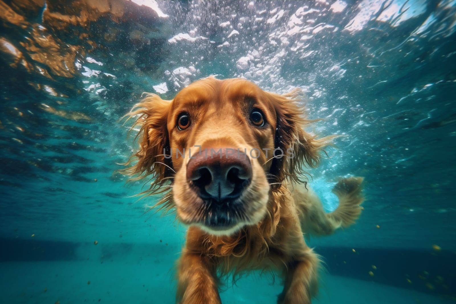 dog puppy water funny underwater swimming snorkeling vacation fun pool. Generative AI. by Vichizh