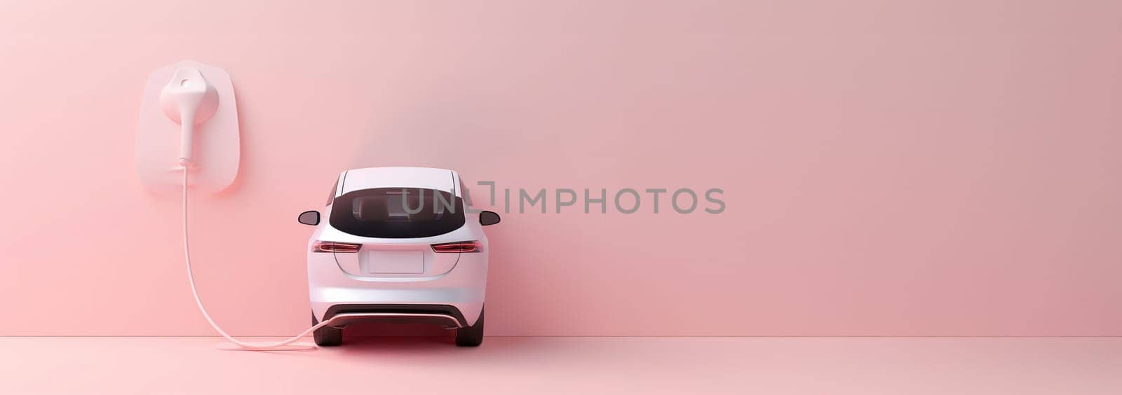 Electric car 3D charging background. Electronic vehicle power dock. EV Plugin station. Fuel recharge cells. pastel colored illustration. Power supply for electric car charging. Electric car charging station. Power supply plugged into an electric car being charged concept by Annebel146