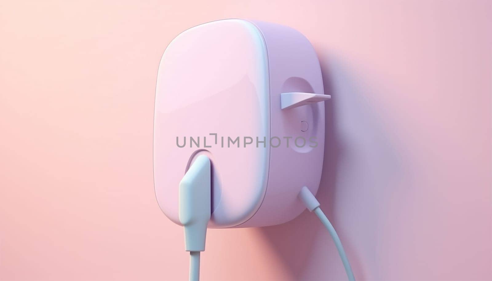 Electric car 3D charging background. Electronic vehicle power dock. EV Plugin station. Fuel recharge cells. pastel colored illustration. Power supply for electric car charging. Electric car charging station. Power supply plugged into an electric car being charged concept by Annebel146