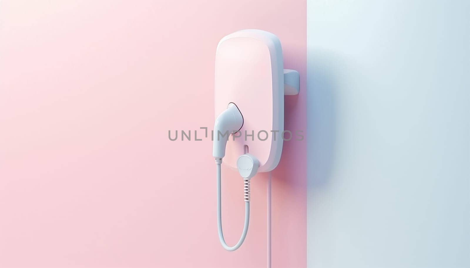 Electric car 3D charging background. Electronic vehicle power dock. EV Plugin station. Fuel recharge cells. pastel colored illustration. Power supply for electric car charging. Electric car charging station. Power supply plugged into an electric car being charged concept Copy space