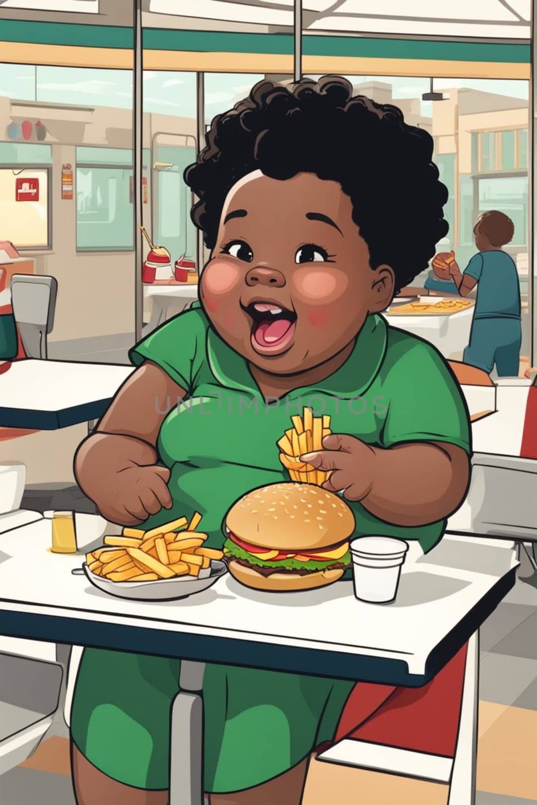 obese boy girl eating fast food , hamburger, french fries - unhealthy eating concept illustration generative ai art